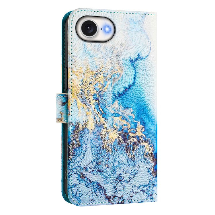 ENKAY Hat-Prince For iPhone 16e Leather Case Pattern Printing Card Slot Stand Phone Cover with Lanyard - Ocean Marble