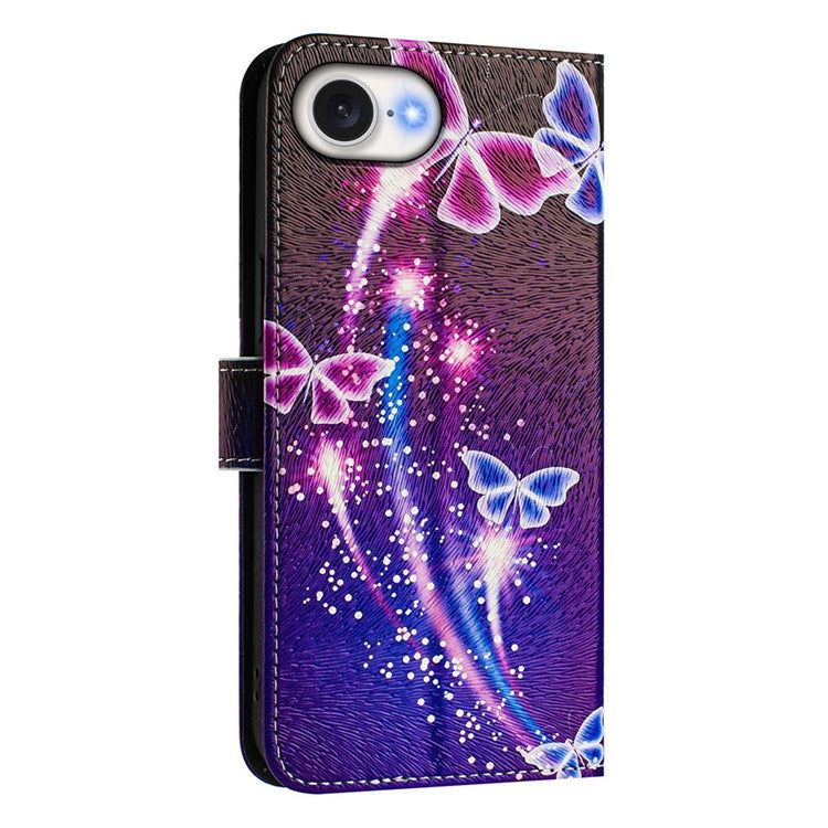 ENKAY Hat-Prince For iPhone 16e Leather Case Pattern Printing Card Slot Stand Phone Cover with Lanyard - Fireworks Butterfly