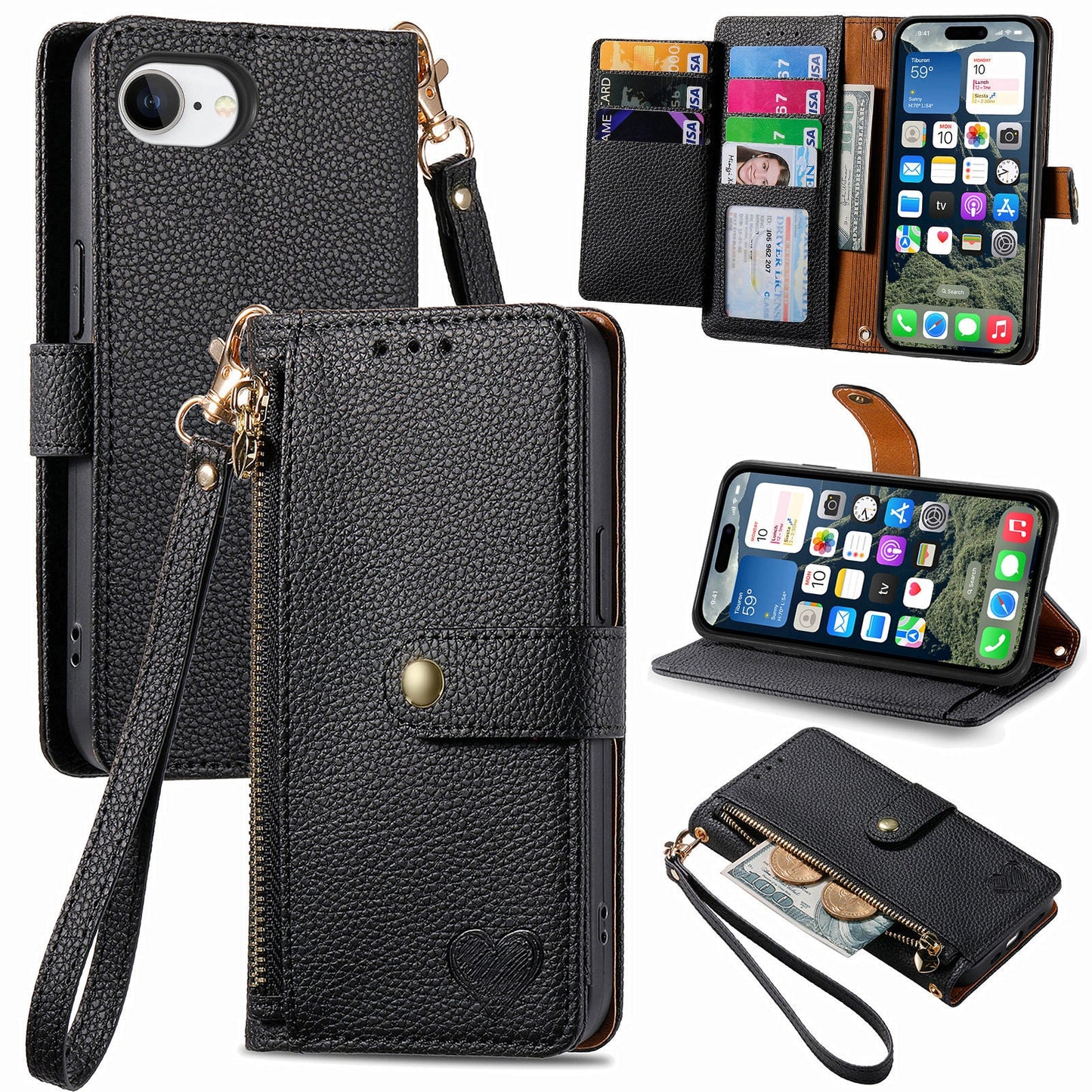 For iPhone 16e Case RFID Blocking Zipper Pocket Leather Wallet Phone Cover - Black