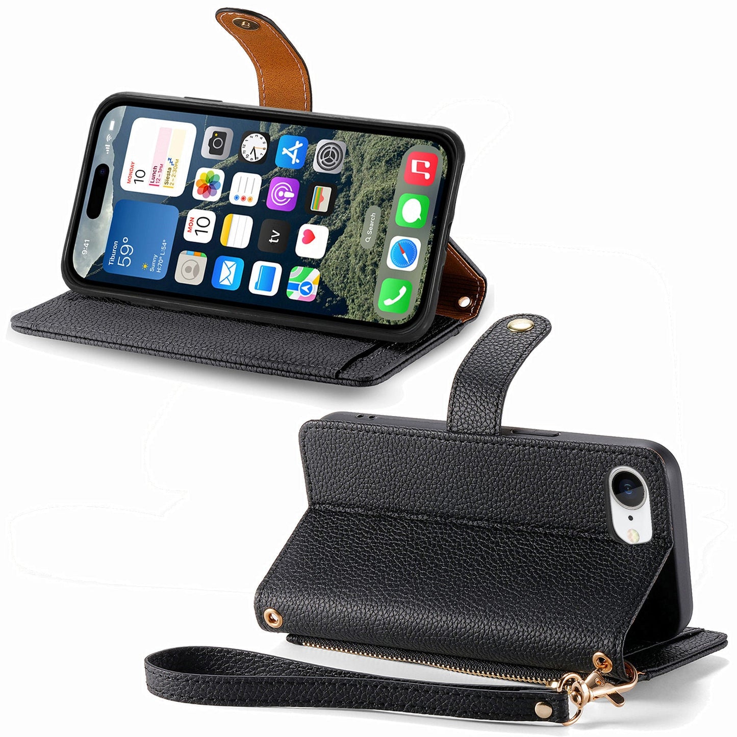 For iPhone 16e Case RFID Blocking Zipper Pocket Leather Wallet Phone Cover - Black
