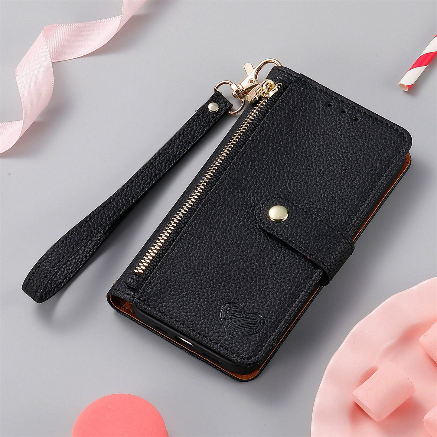 For iPhone 16e Case RFID Blocking Zipper Pocket Leather Wallet Phone Cover - Black