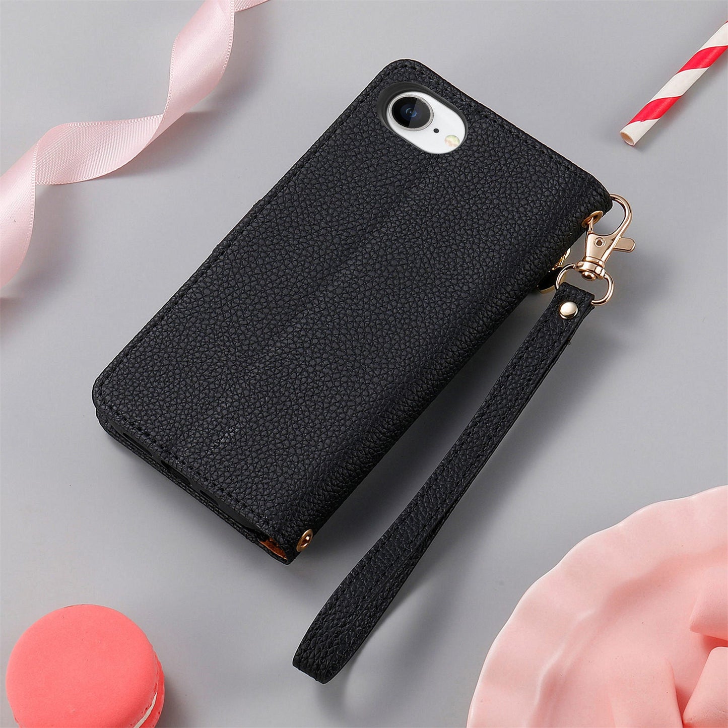 For iPhone 16e Case RFID Blocking Zipper Pocket Leather Wallet Phone Cover - Black