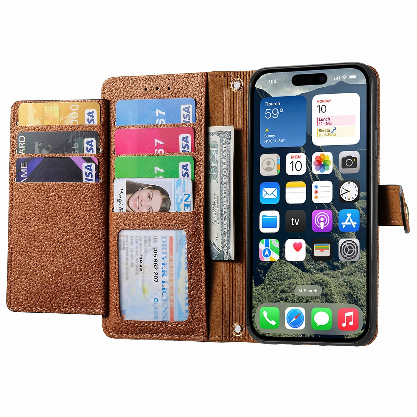 For iPhone 16e Case RFID Blocking Zipper Pocket Leather Wallet Phone Cover - Brown