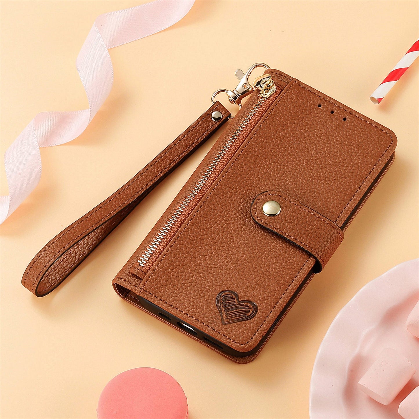For iPhone 16e Case RFID Blocking Zipper Pocket Leather Wallet Phone Cover - Brown