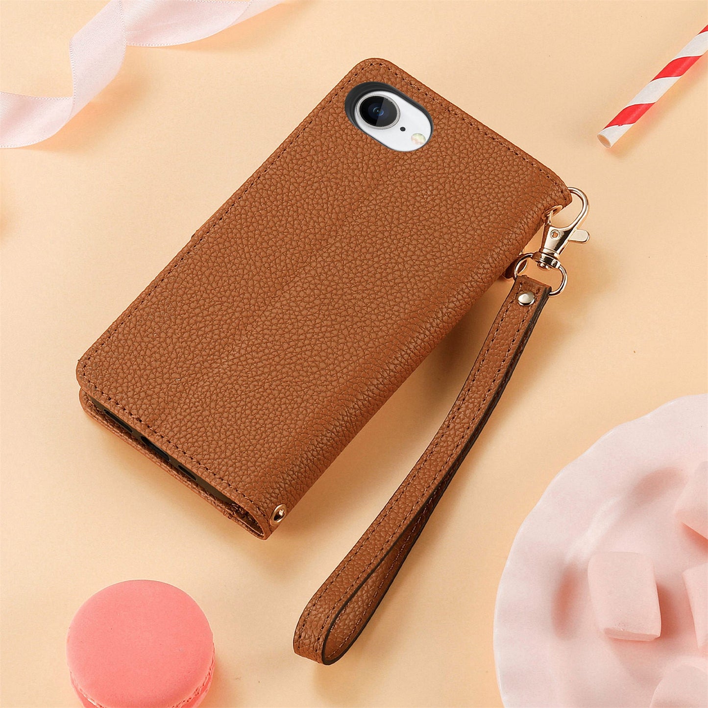 For iPhone 16e Case RFID Blocking Zipper Pocket Leather Wallet Phone Cover - Brown