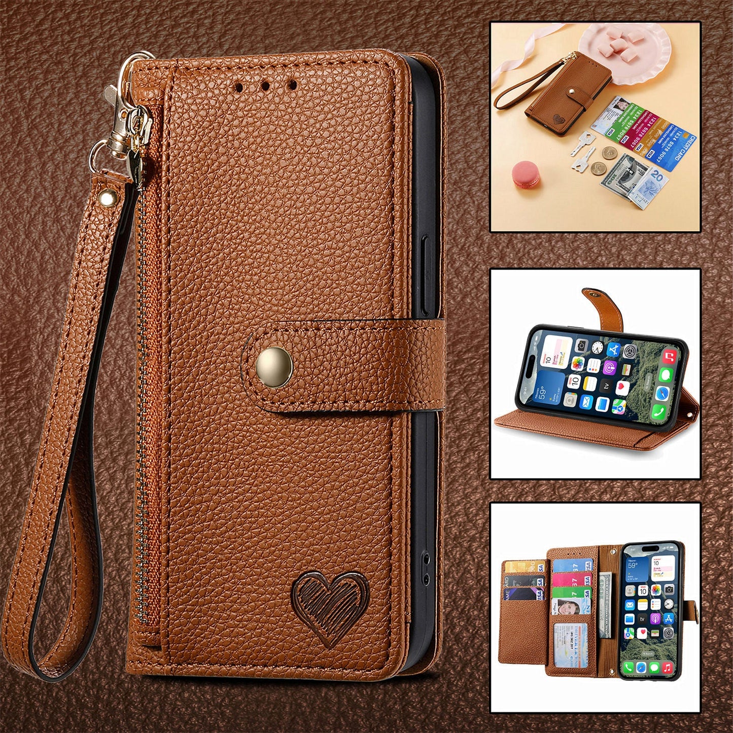 For iPhone 16e Case RFID Blocking Zipper Pocket Leather Wallet Phone Cover - Brown
