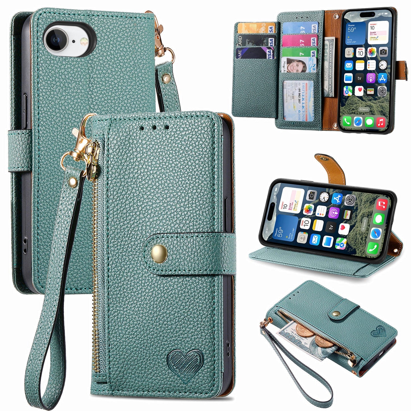 For iPhone 16e Case RFID Blocking Zipper Pocket Leather Wallet Phone Cover - Green