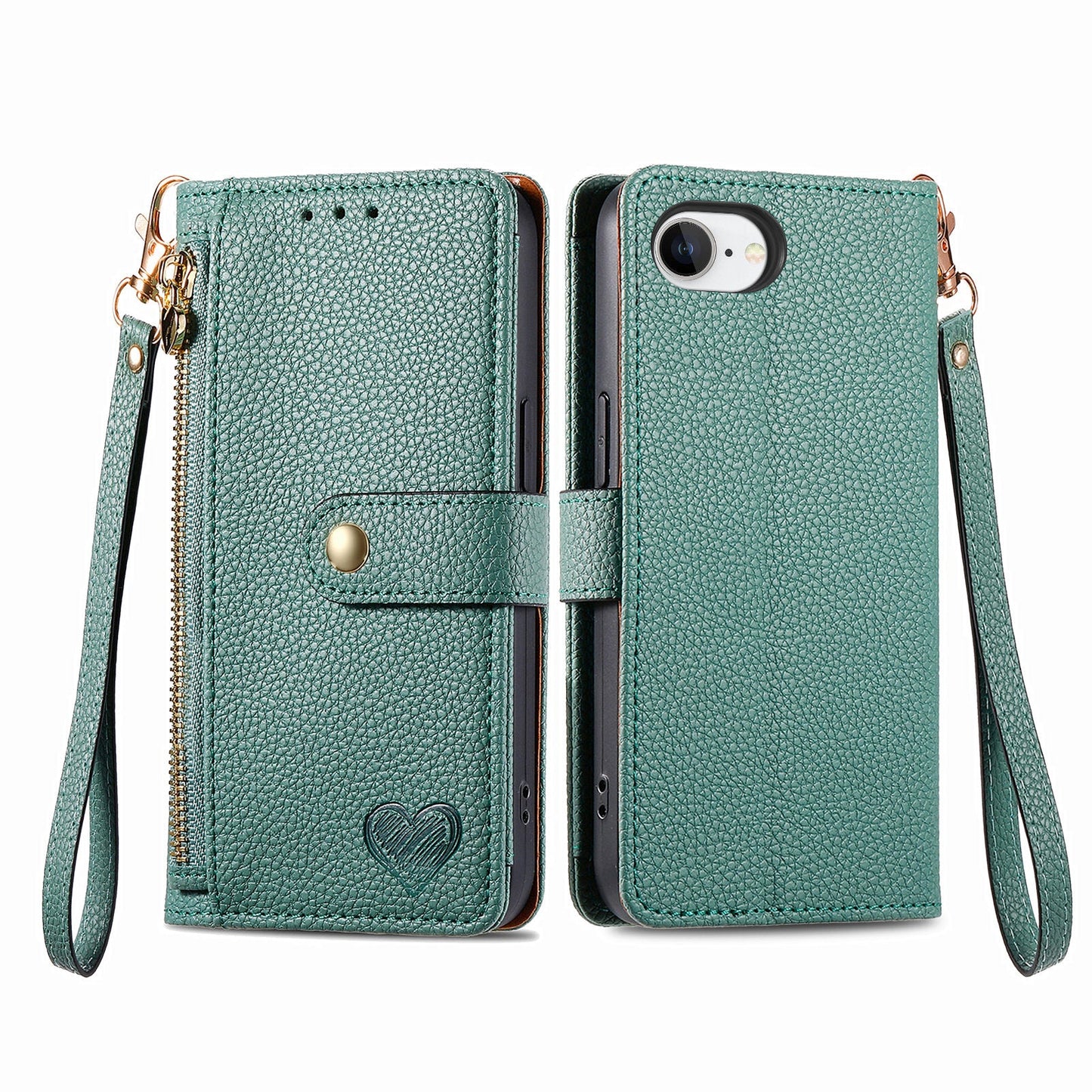For iPhone 16e Case RFID Blocking Zipper Pocket Leather Wallet Phone Cover - Green