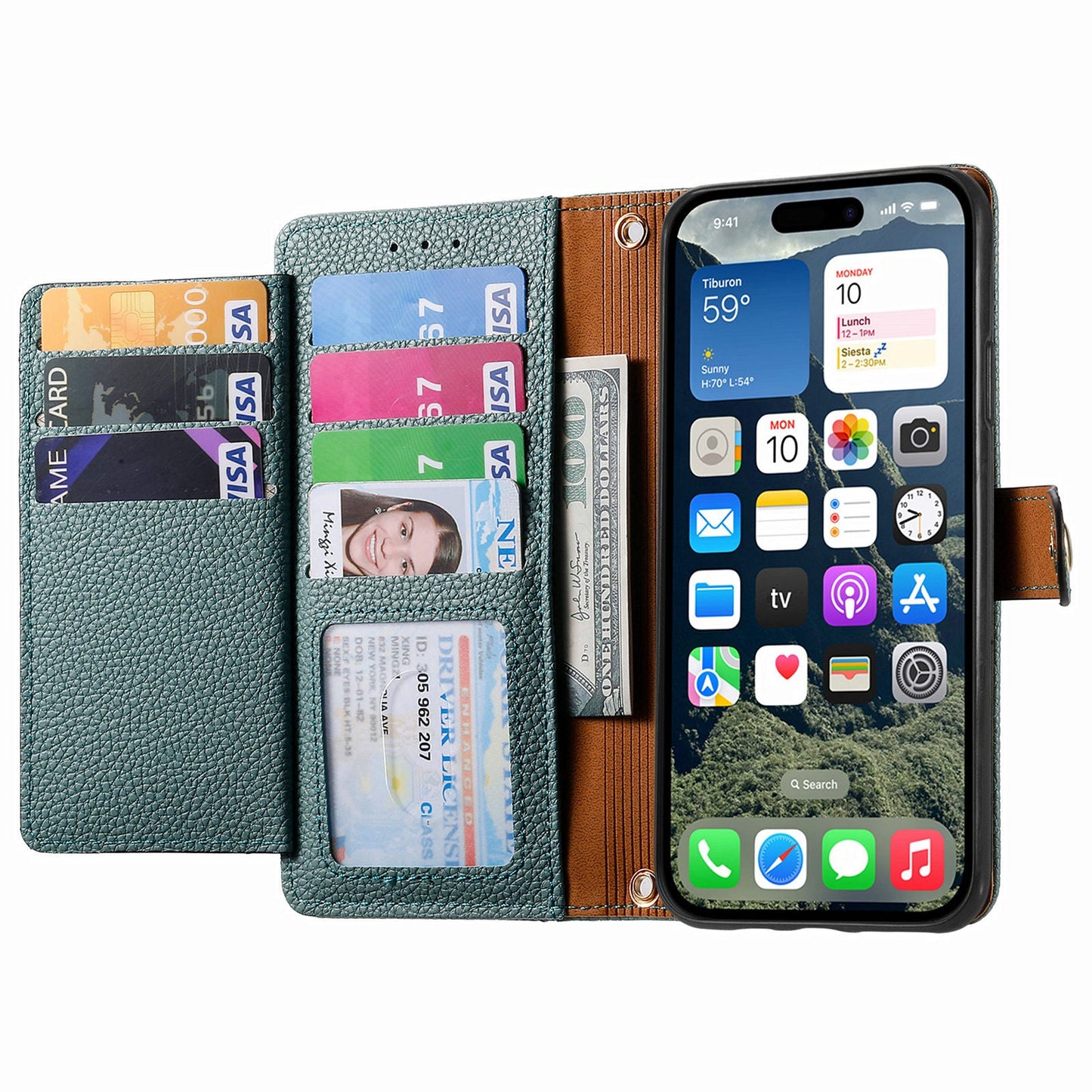 For iPhone 16e Case RFID Blocking Zipper Pocket Leather Wallet Phone Cover - Green