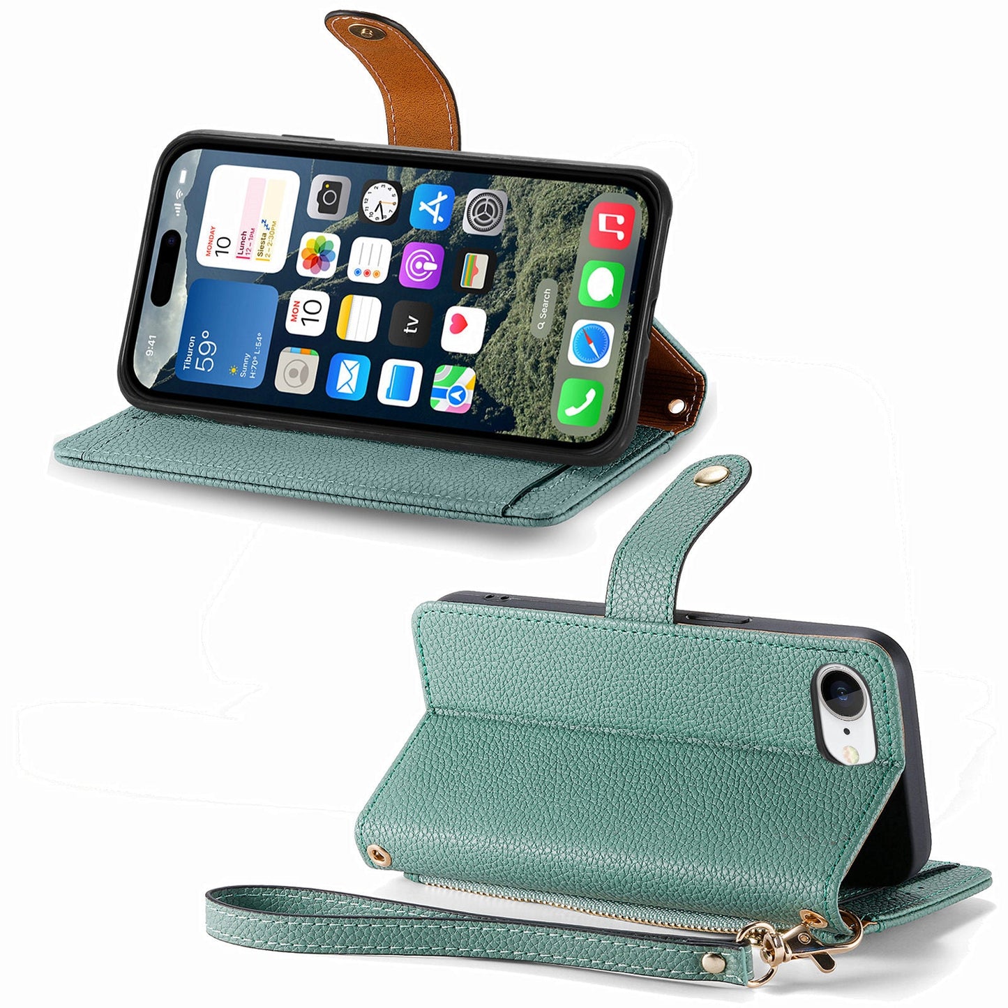 For iPhone 16e Case RFID Blocking Zipper Pocket Leather Wallet Phone Cover - Green