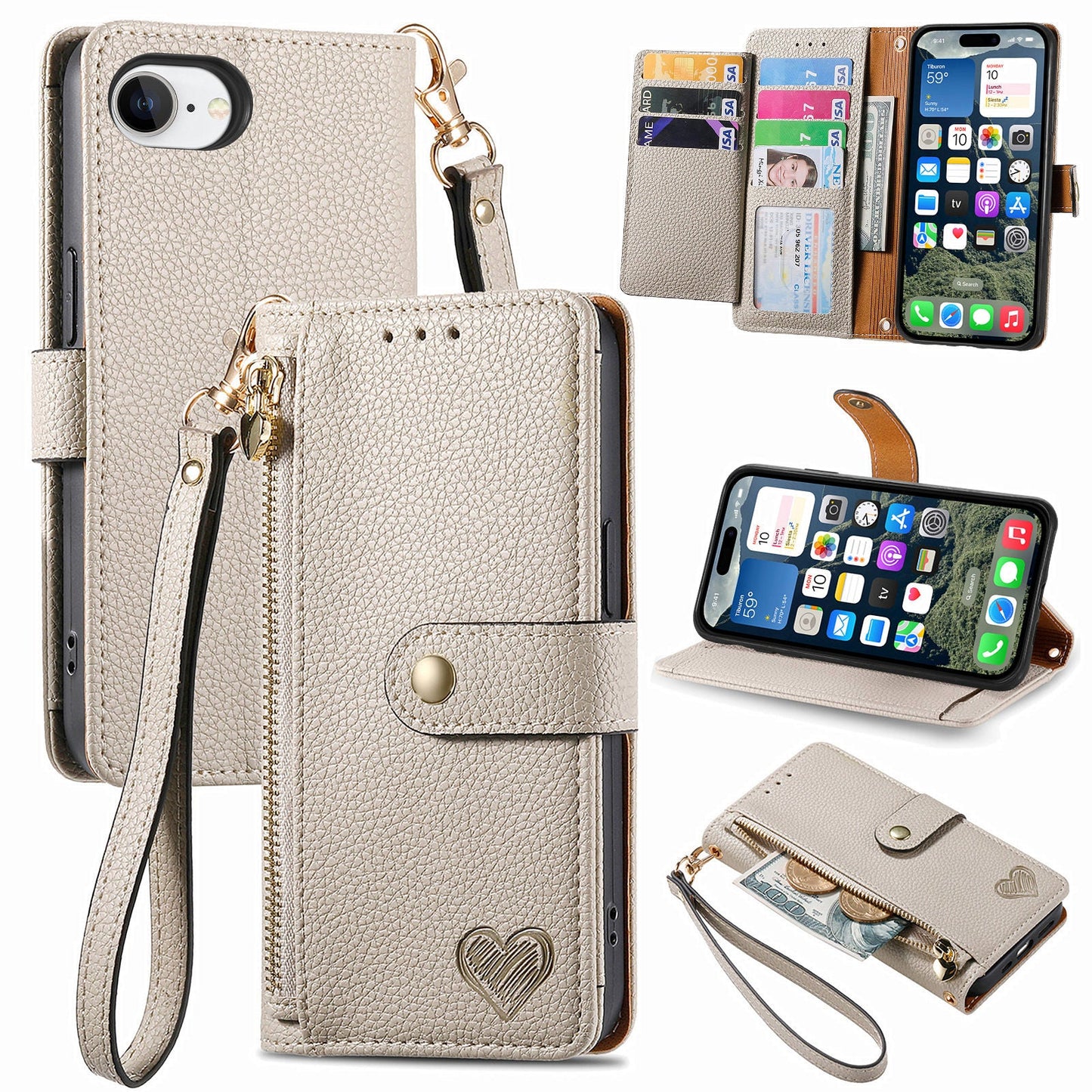 For iPhone 16e Case RFID Blocking Zipper Pocket Leather Wallet Phone Cover - Grey