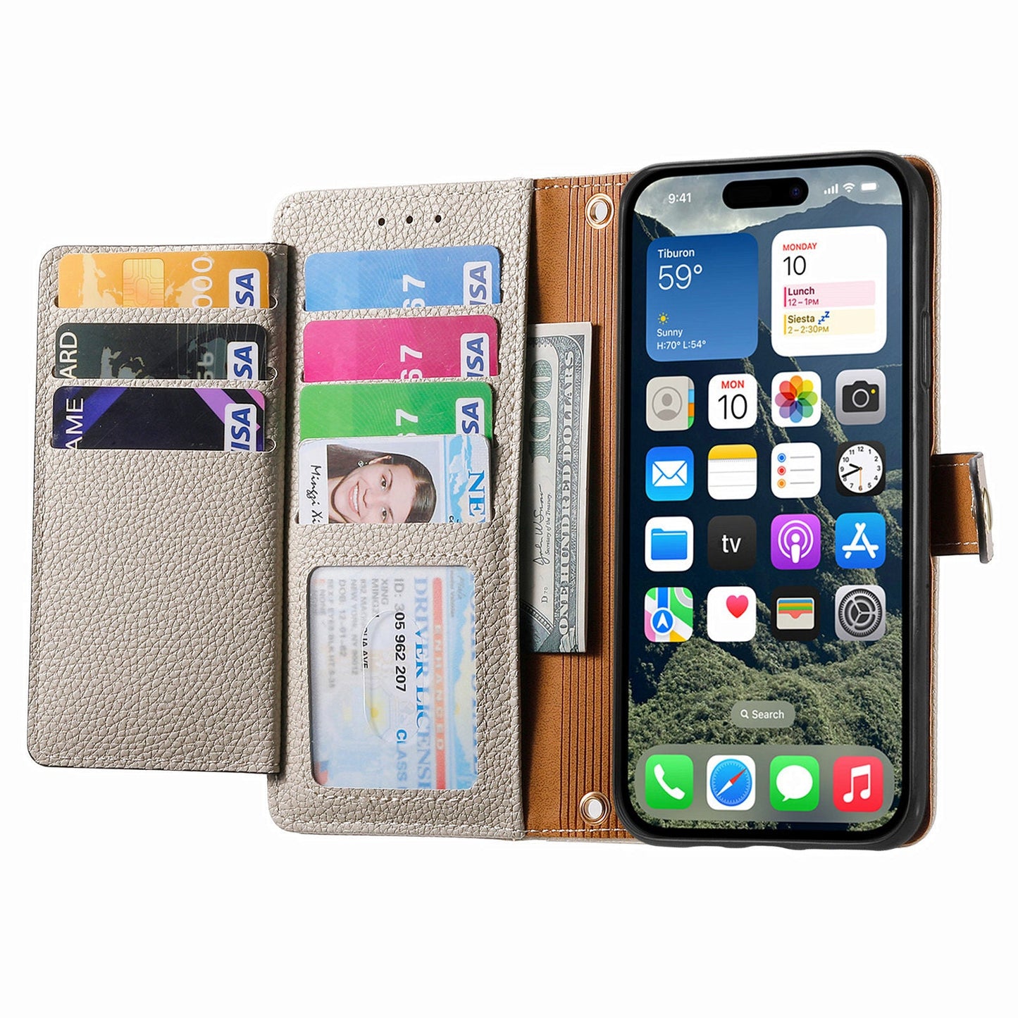 For iPhone 16e Case RFID Blocking Zipper Pocket Leather Wallet Phone Cover - Grey