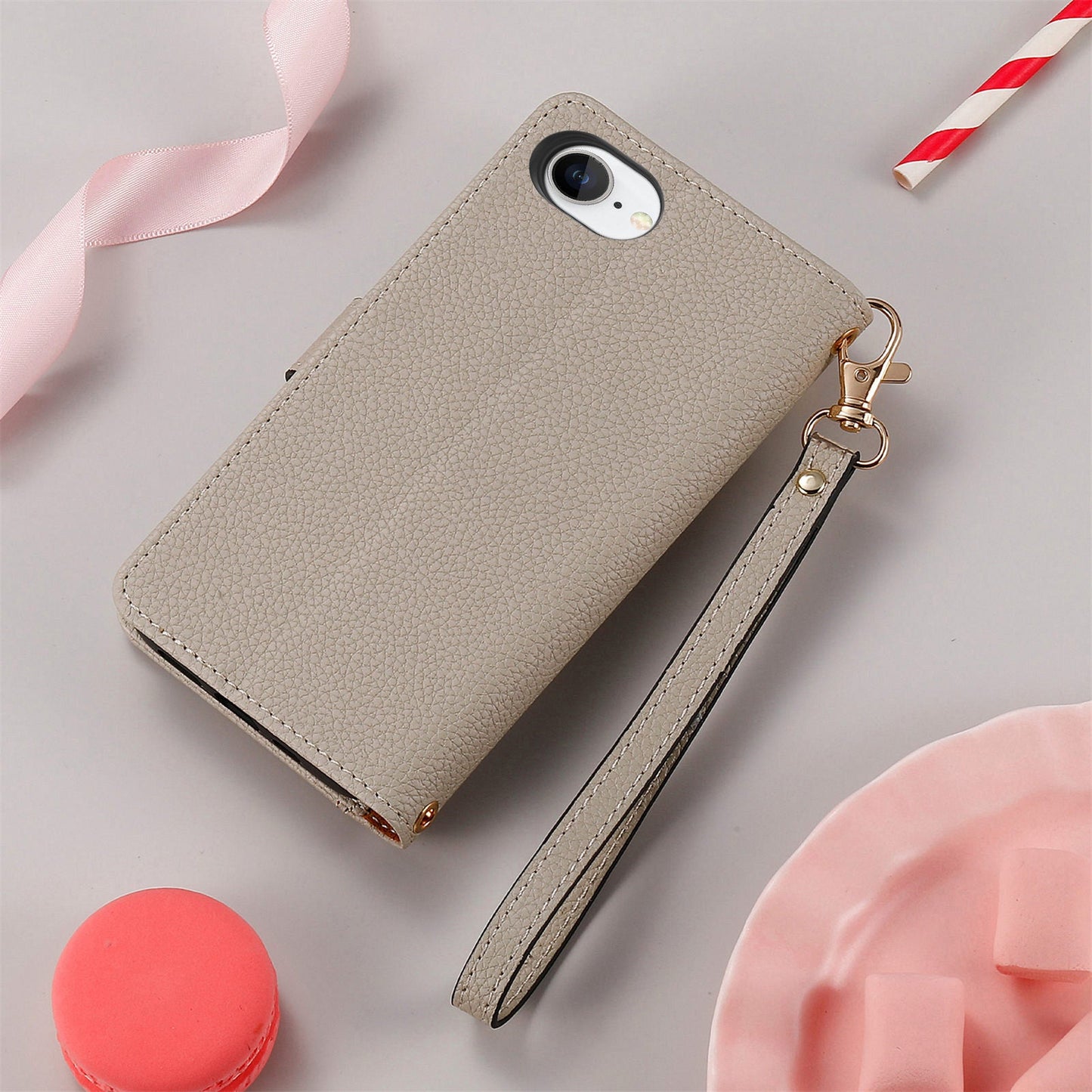 For iPhone 16e Case RFID Blocking Zipper Pocket Leather Wallet Phone Cover - Grey