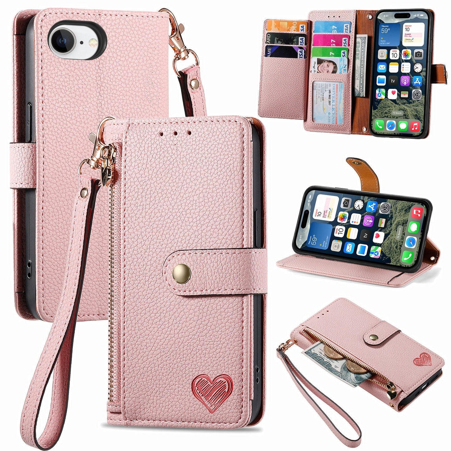 For iPhone 16e Case RFID Blocking Zipper Pocket Leather Wallet Phone Cover - Pink