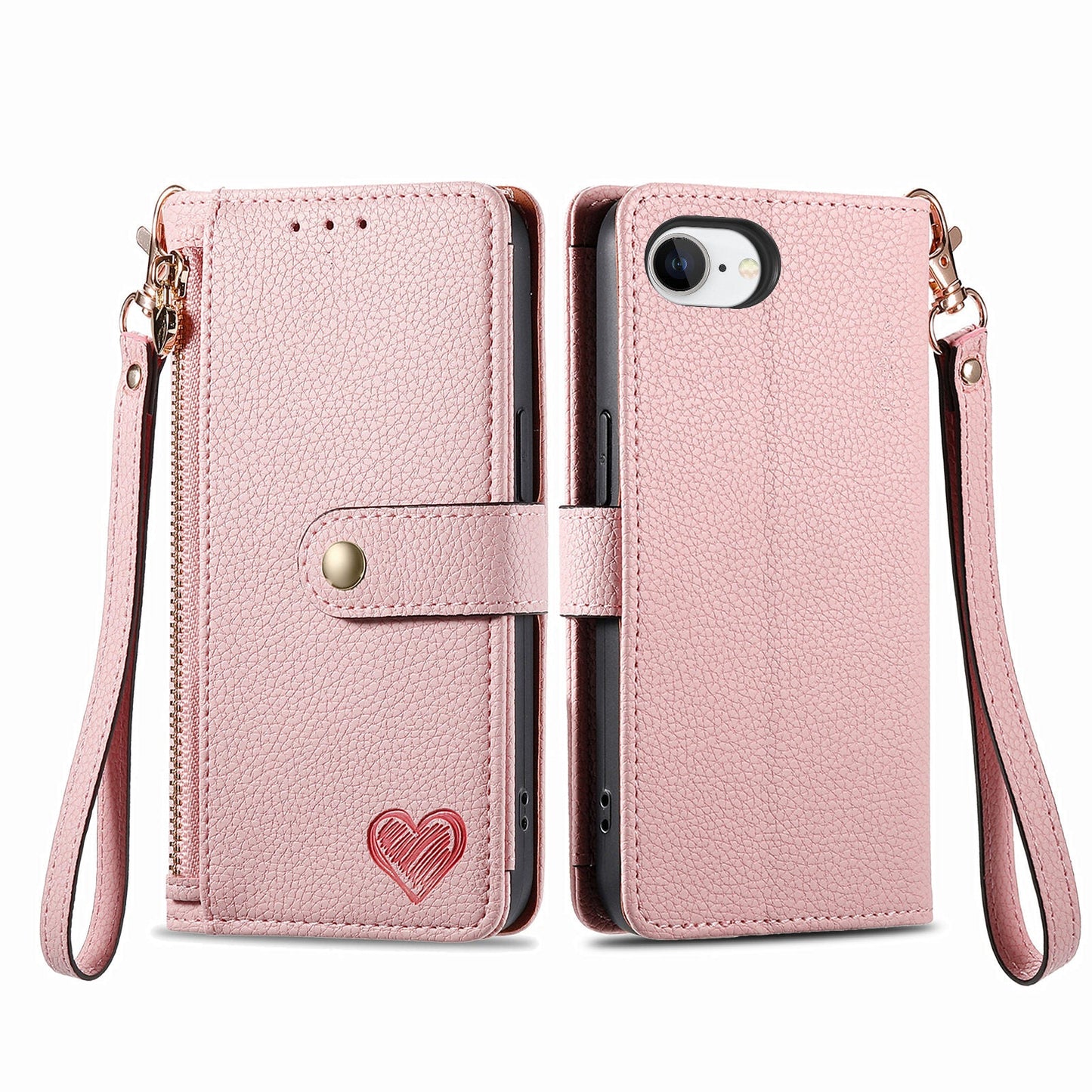 For iPhone 16e Case RFID Blocking Zipper Pocket Leather Wallet Phone Cover - Pink