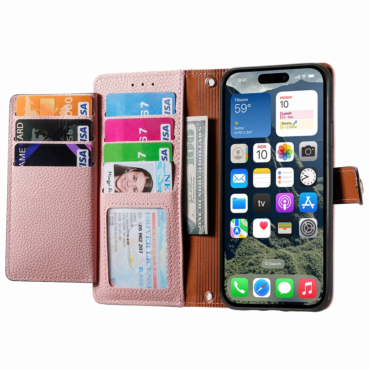 For iPhone 16e Case RFID Blocking Zipper Pocket Leather Wallet Phone Cover - Pink