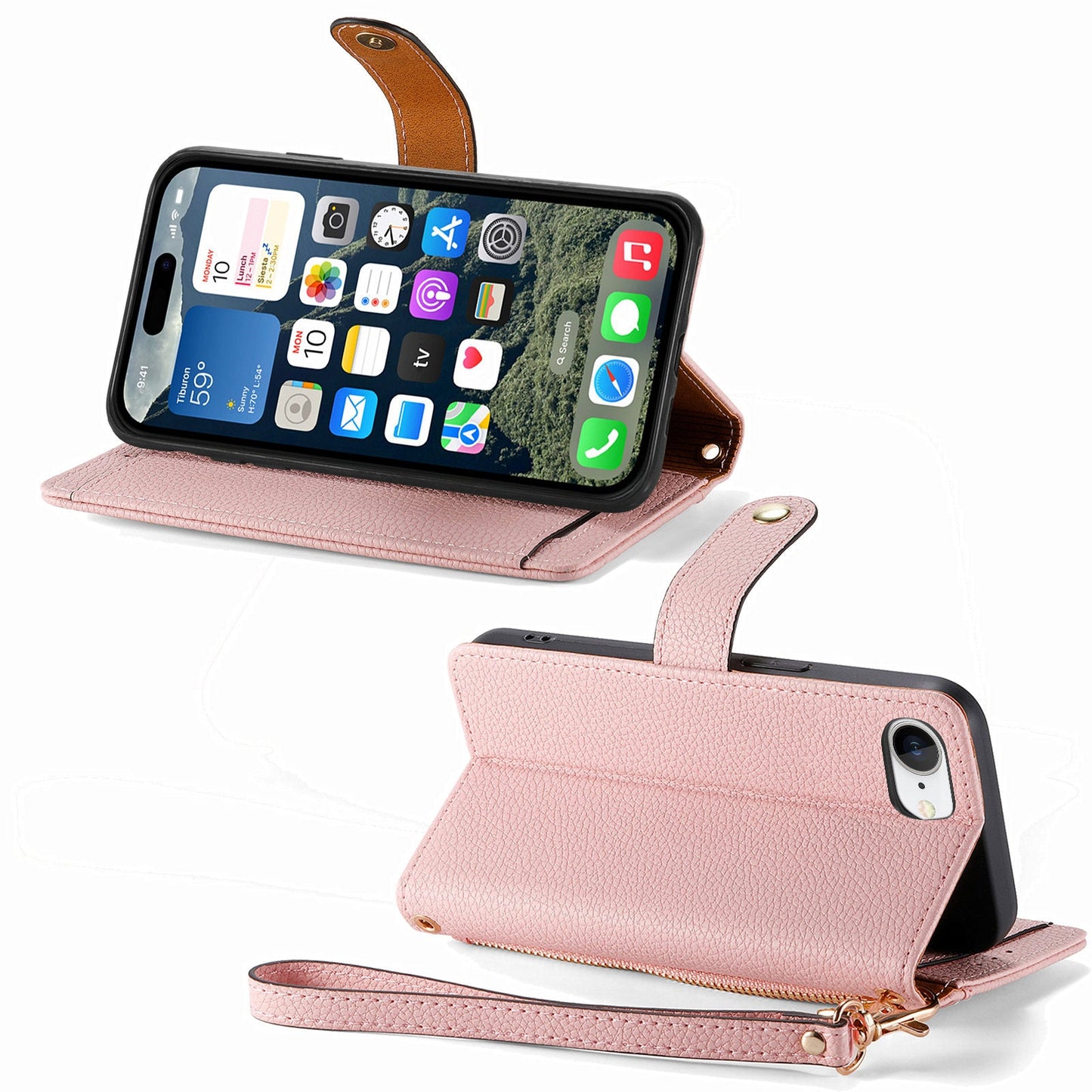 For iPhone 16e Case RFID Blocking Zipper Pocket Leather Wallet Phone Cover - Pink