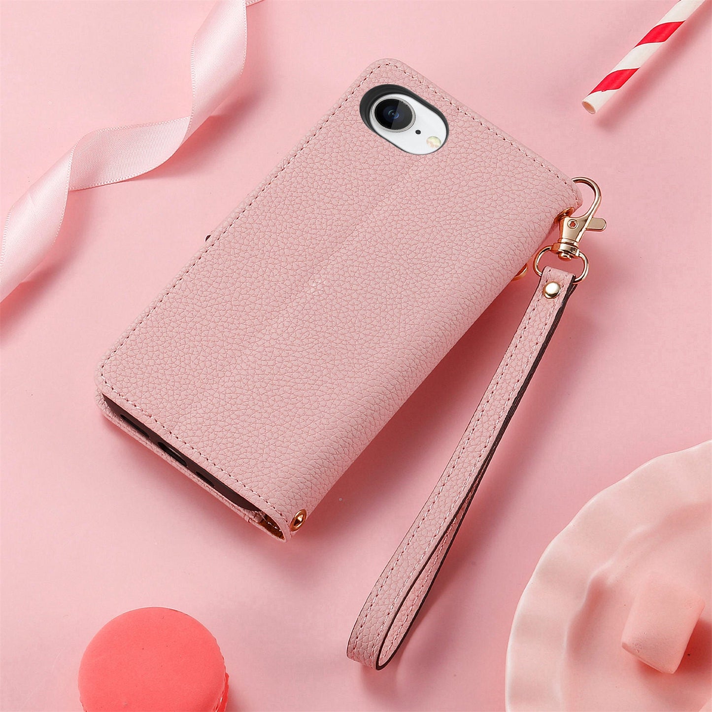 For iPhone 16e Case RFID Blocking Zipper Pocket Leather Wallet Phone Cover - Pink