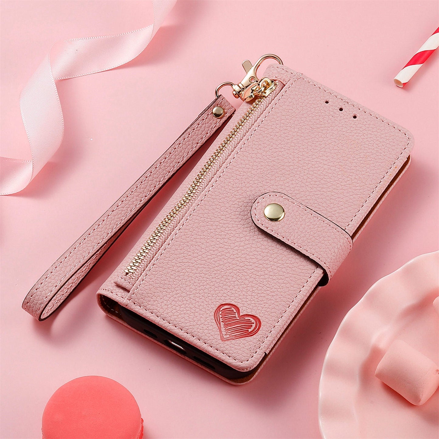 For iPhone 16e Case RFID Blocking Zipper Pocket Leather Wallet Phone Cover - Pink