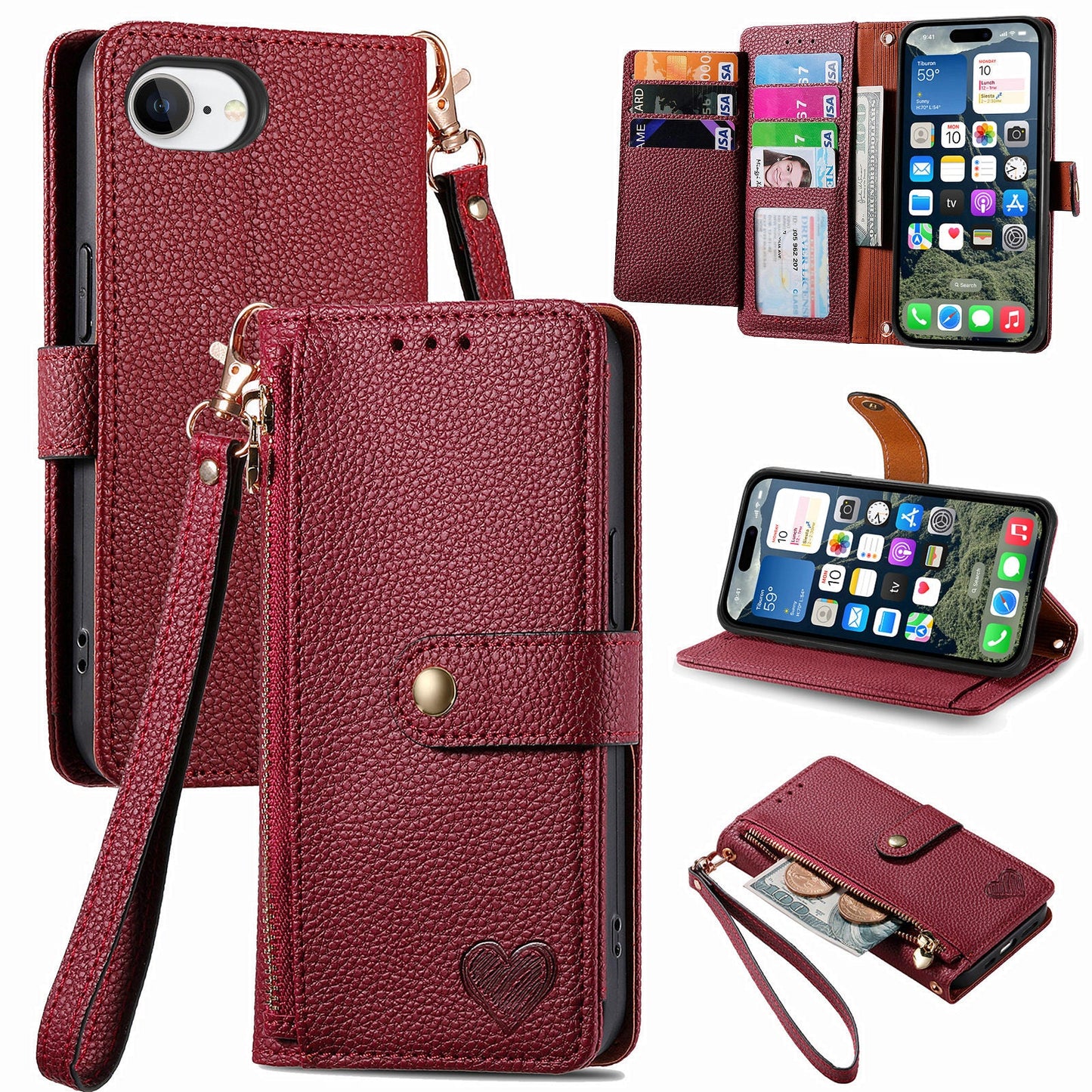 For iPhone 16e Case RFID Blocking Zipper Pocket Leather Wallet Phone Cover - Red