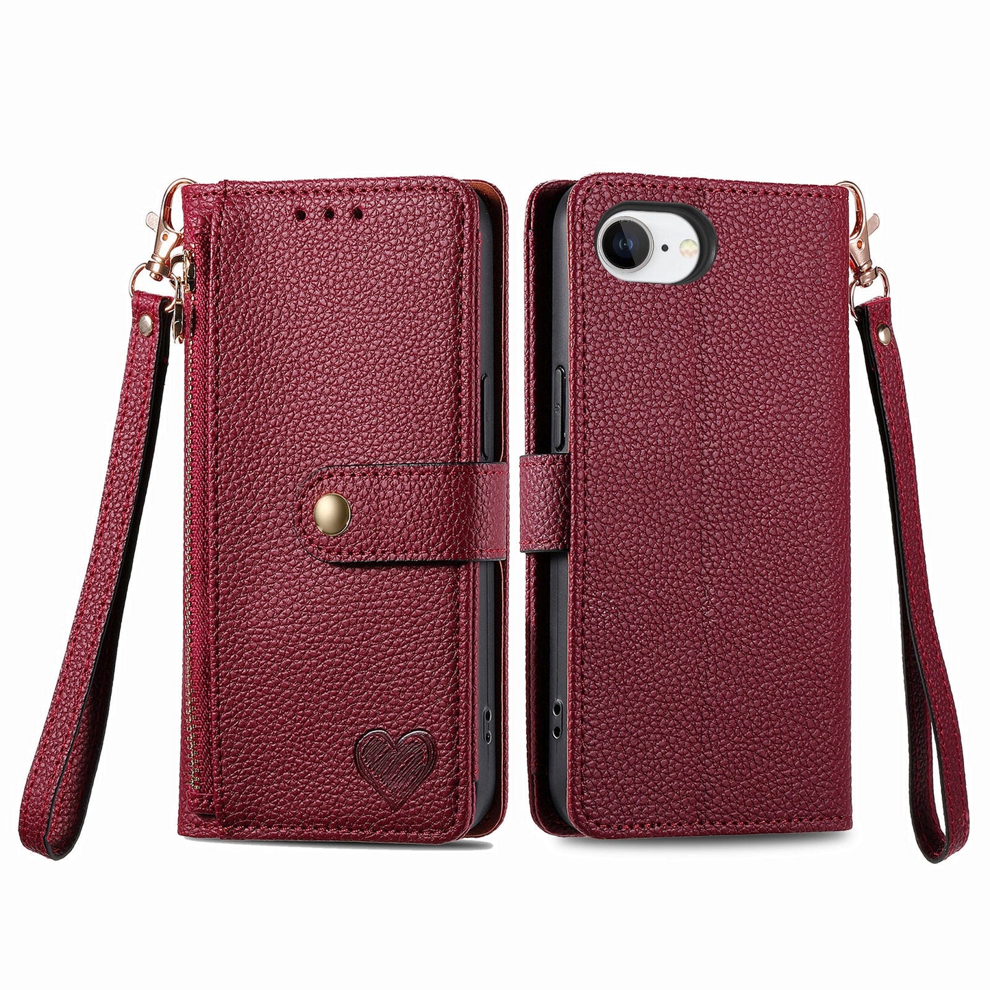 For iPhone 16e Case RFID Blocking Zipper Pocket Leather Wallet Phone Cover - Red