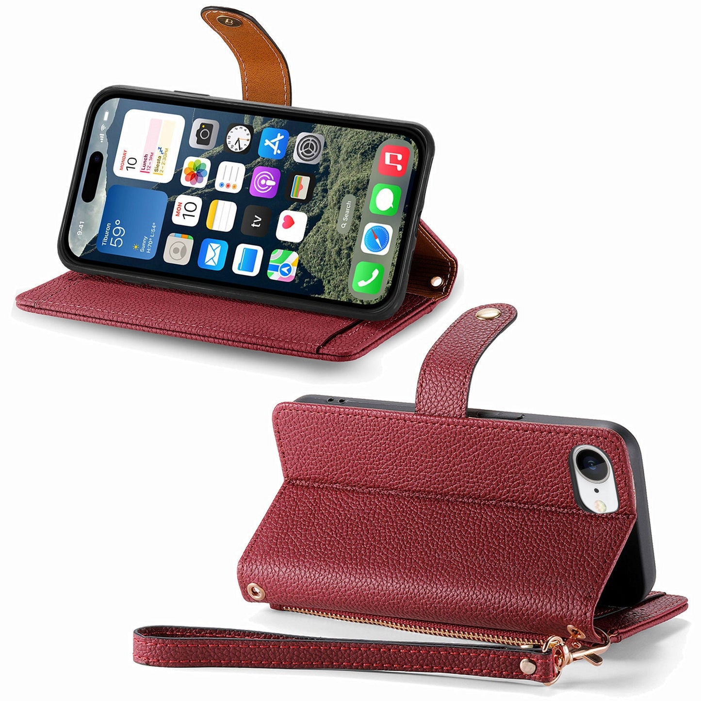 For iPhone 16e Case RFID Blocking Zipper Pocket Leather Wallet Phone Cover - Red