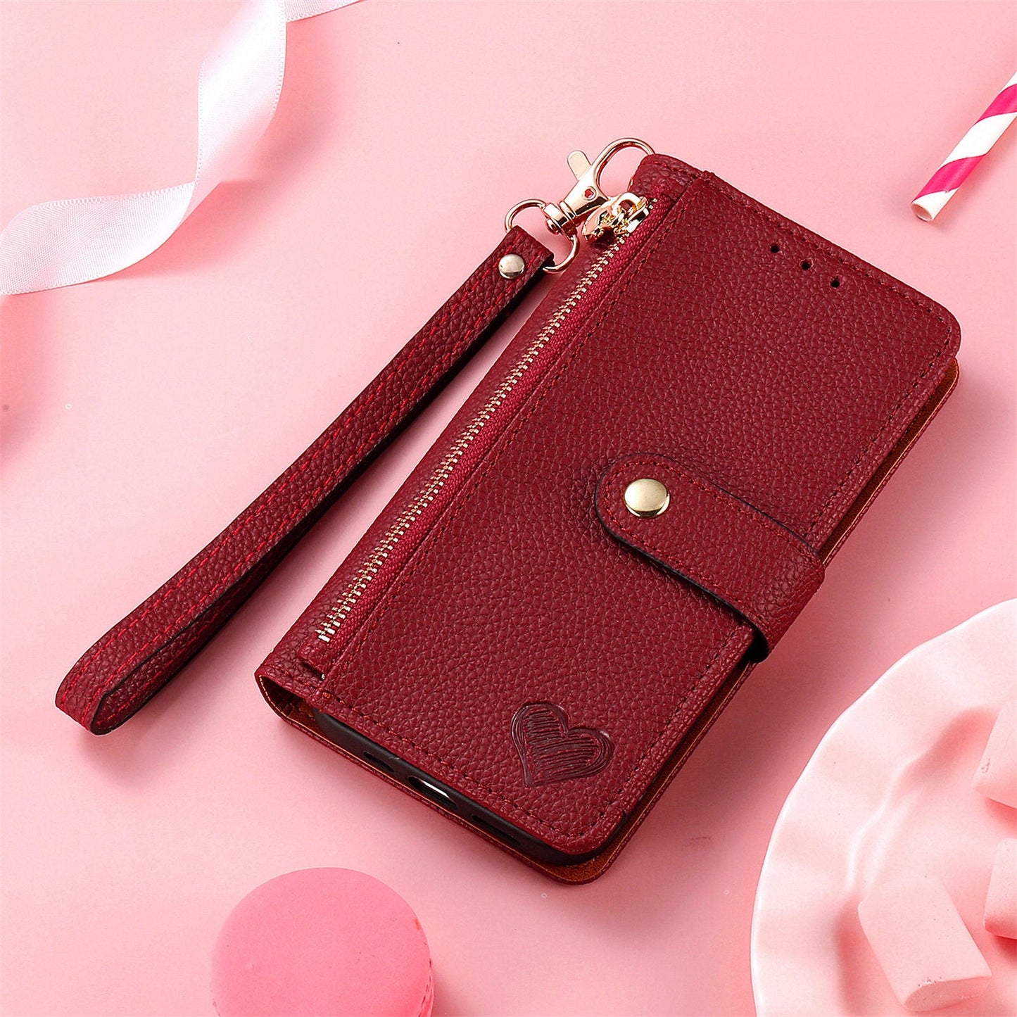 For iPhone 16e Case RFID Blocking Zipper Pocket Leather Wallet Phone Cover - Red