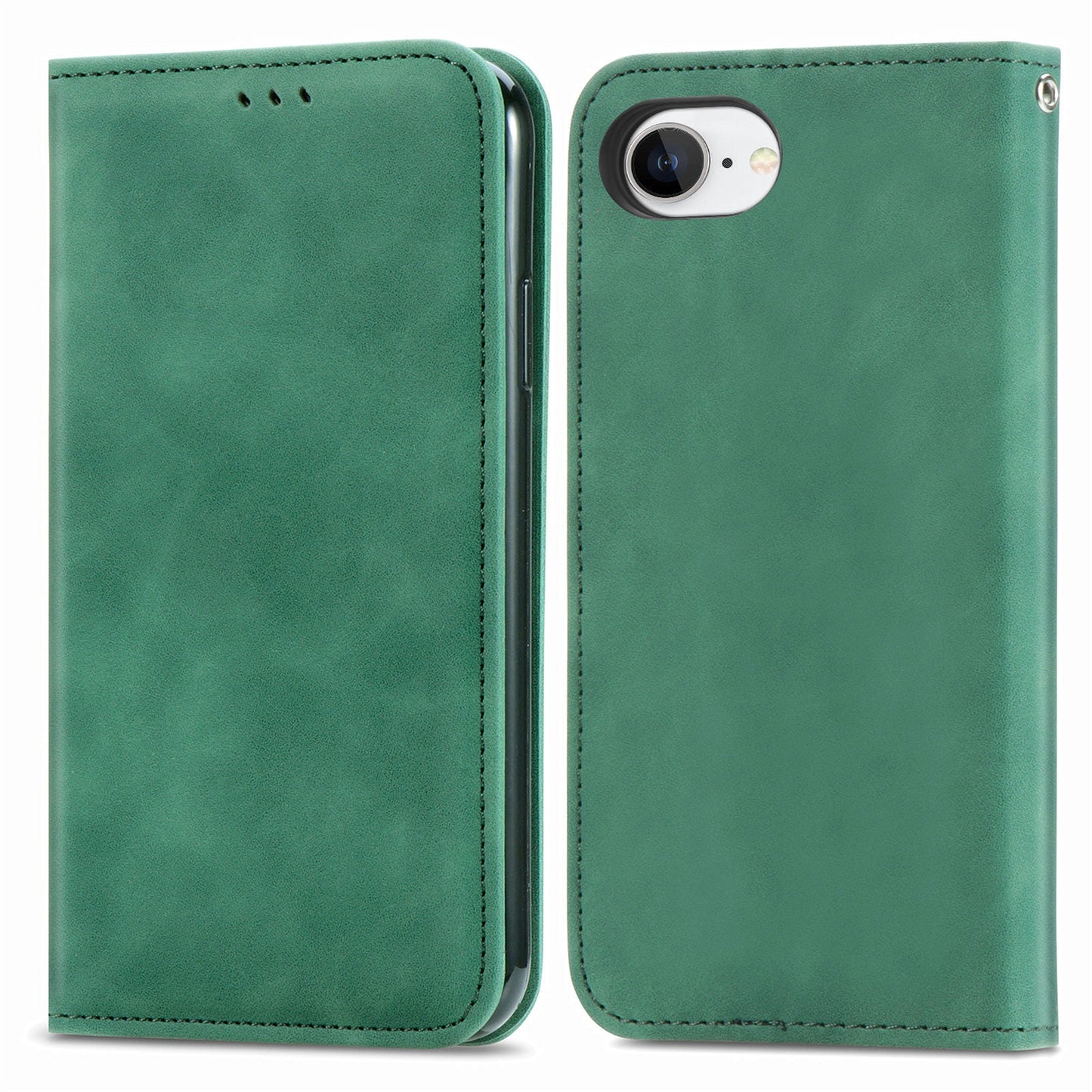 For iPhone 16e Leather Case with Card Holder Magnetic Absorption Phone Cover - Green