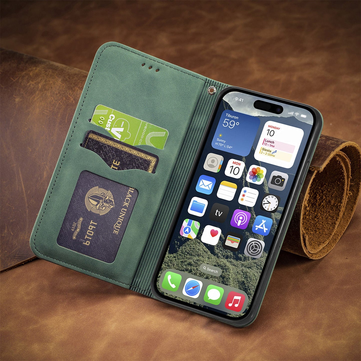 For iPhone 16e Leather Case with Card Holder Magnetic Absorption Phone Cover - Green