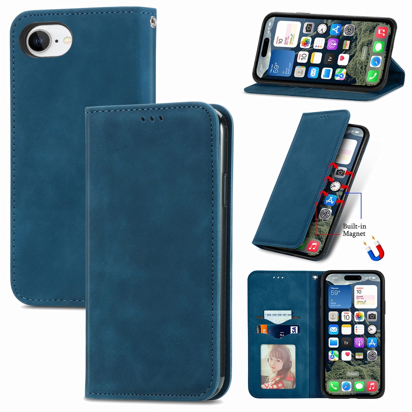 For iPhone 16e Leather Case with Card Holder Magnetic Absorption Phone Cover - Dark Blue