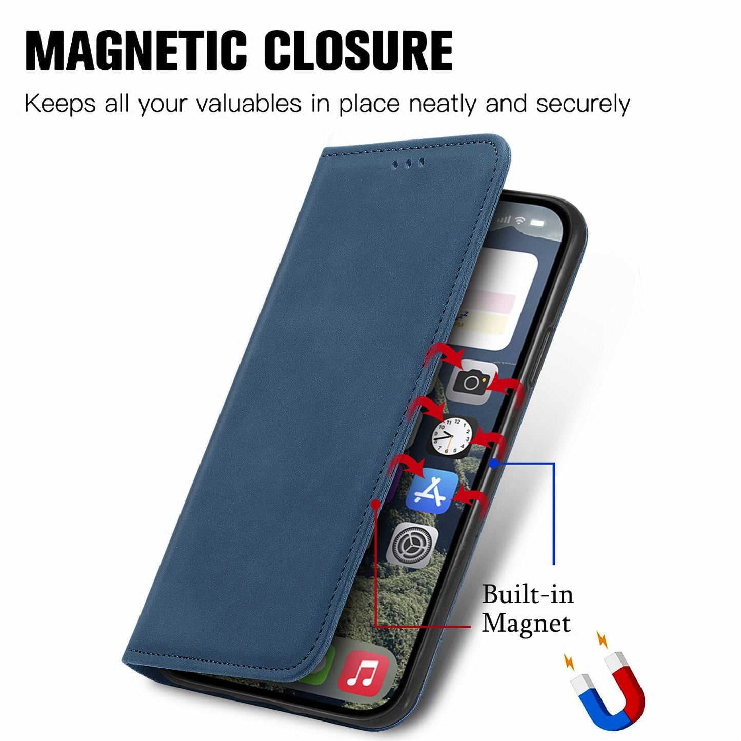 For iPhone 16e Leather Case with Card Holder Magnetic Absorption Phone Cover - Dark Blue