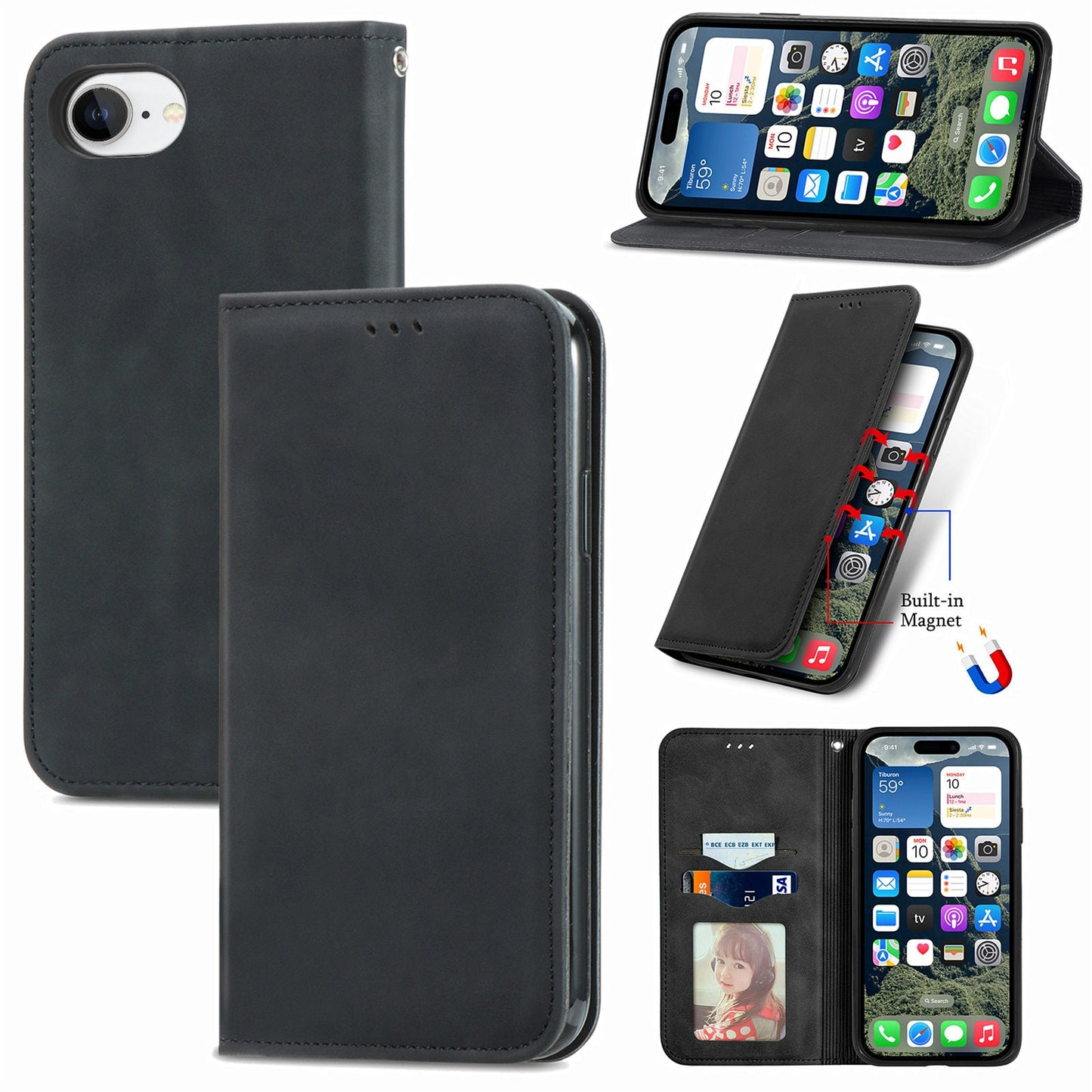 For iPhone 16e Leather Case with Card Holder Magnetic Absorption Phone Cover - Black
