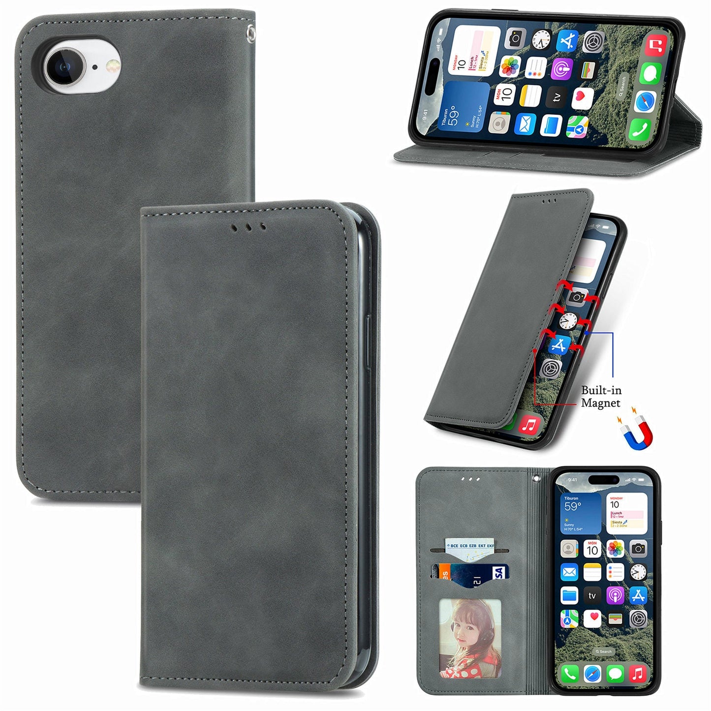 For iPhone 16e Leather Case with Card Holder Magnetic Absorption Phone Cover - Grey