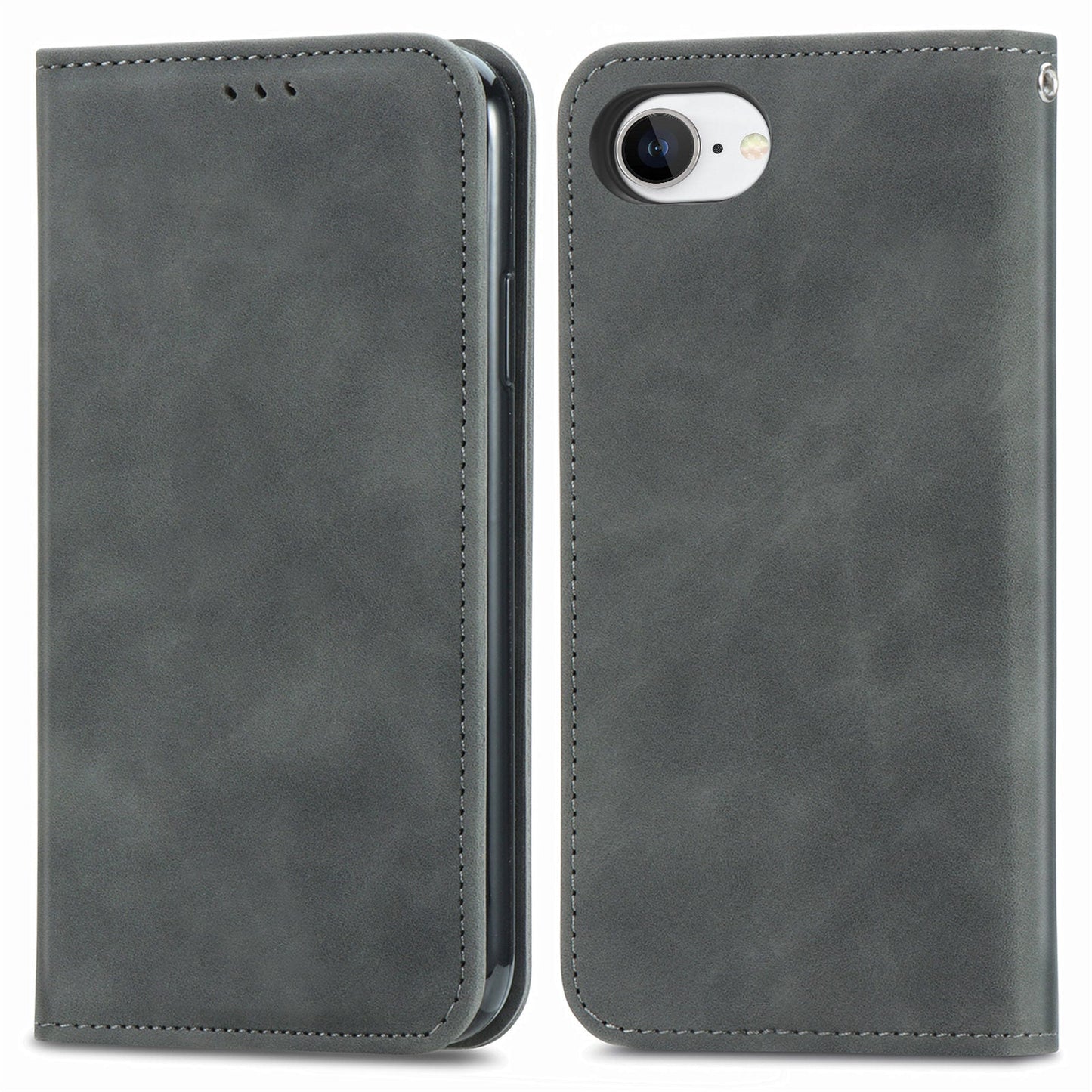 For iPhone 16e Leather Case with Card Holder Magnetic Absorption Phone Cover - Grey