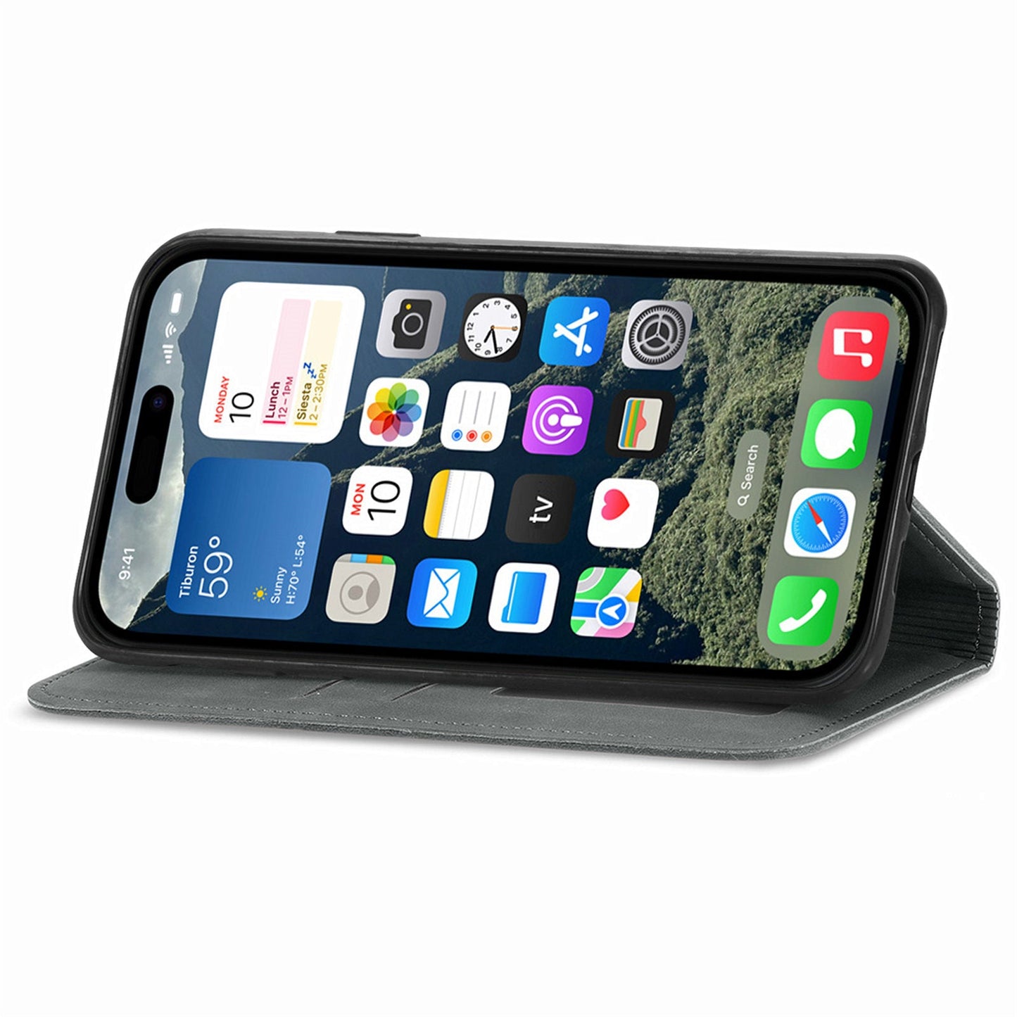 For iPhone 16e Leather Case with Card Holder Magnetic Absorption Phone Cover - Grey