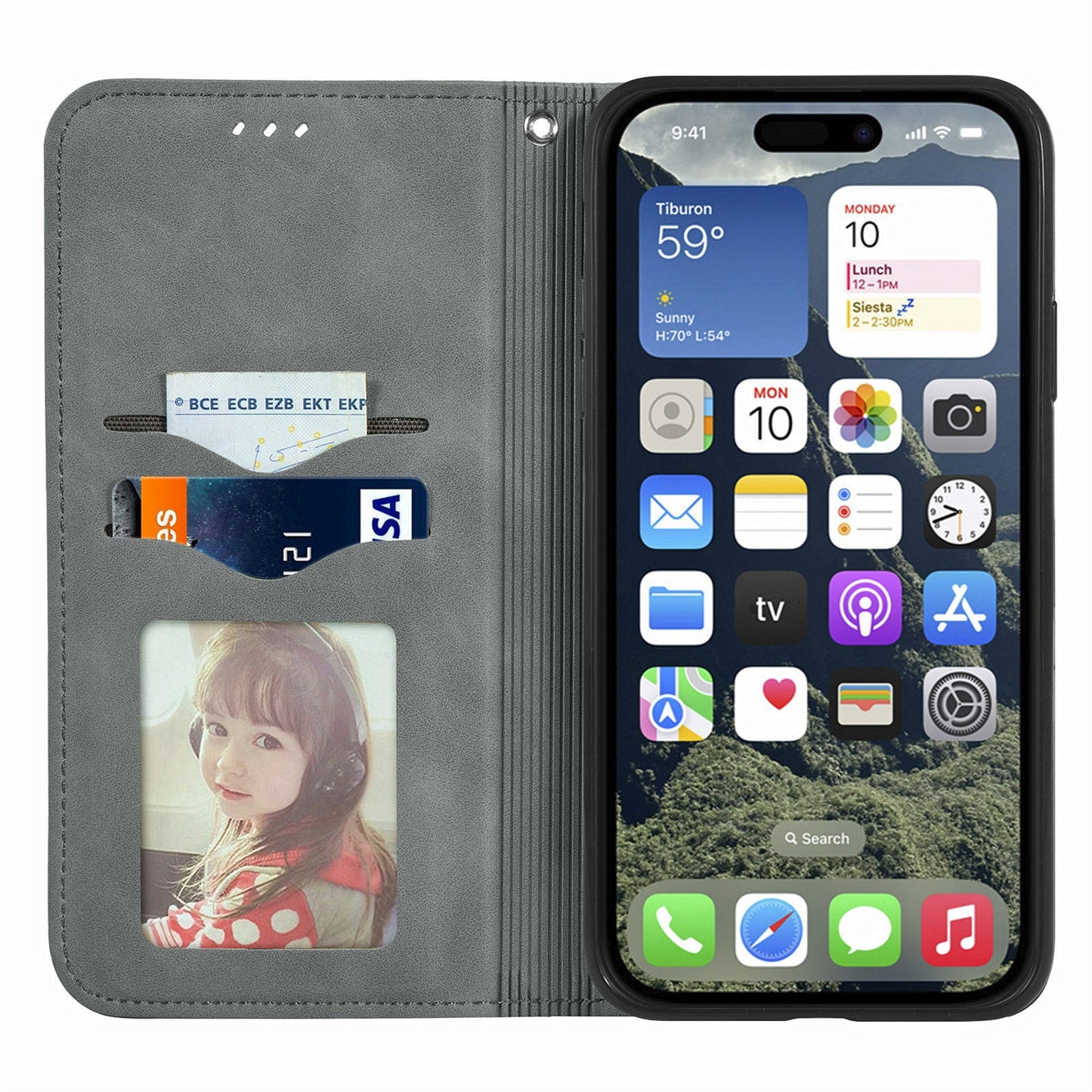 For iPhone 16e Leather Case with Card Holder Magnetic Absorption Phone Cover - Grey