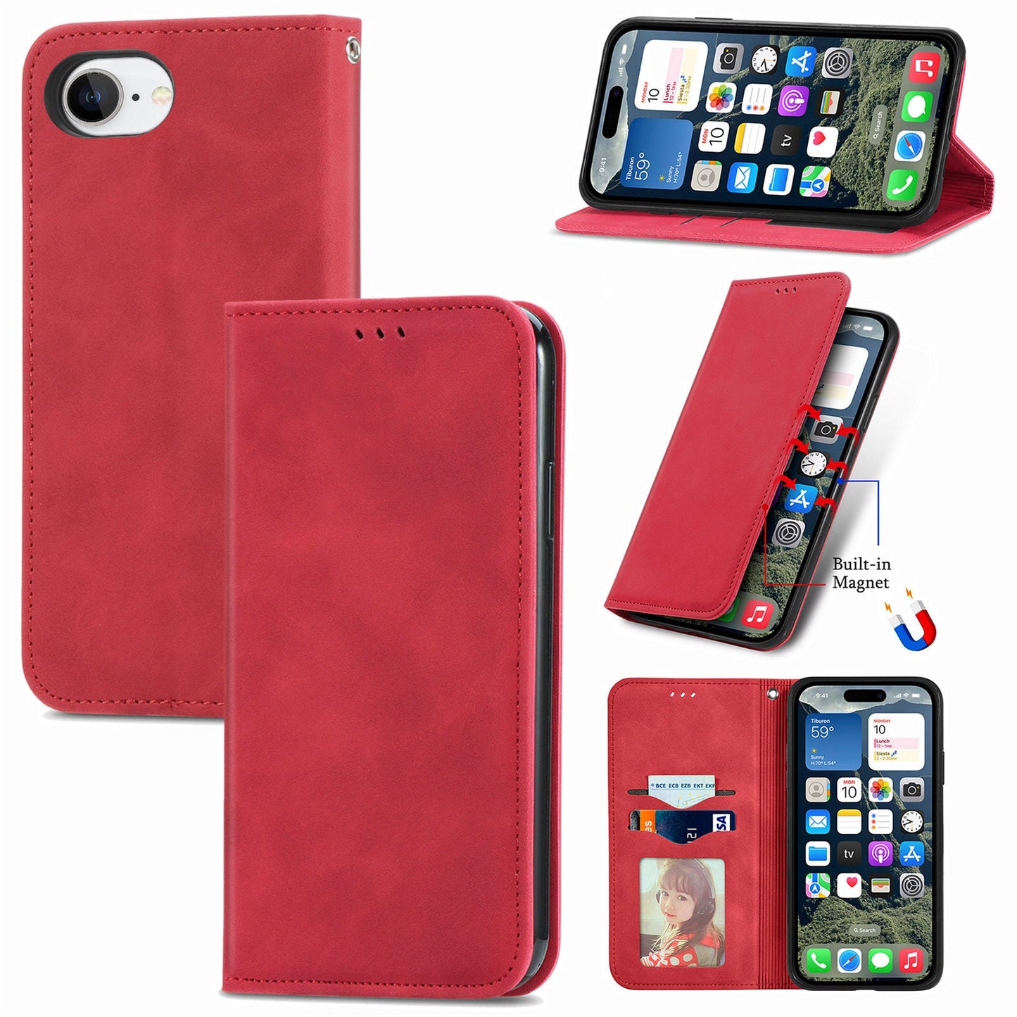 For iPhone 16e Leather Case with Card Holder Magnetic Absorption Phone Cover - Red