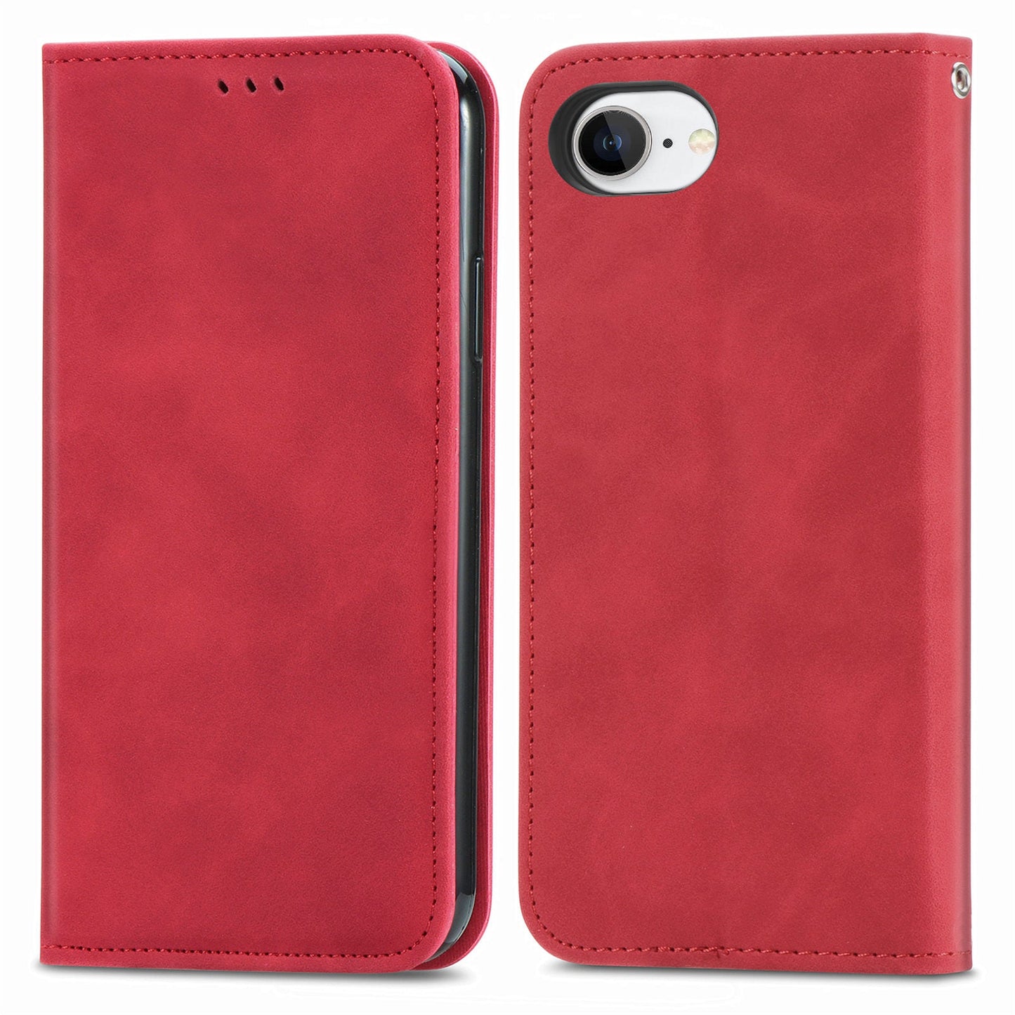 For iPhone 16e Leather Case with Card Holder Magnetic Absorption Phone Cover - Red