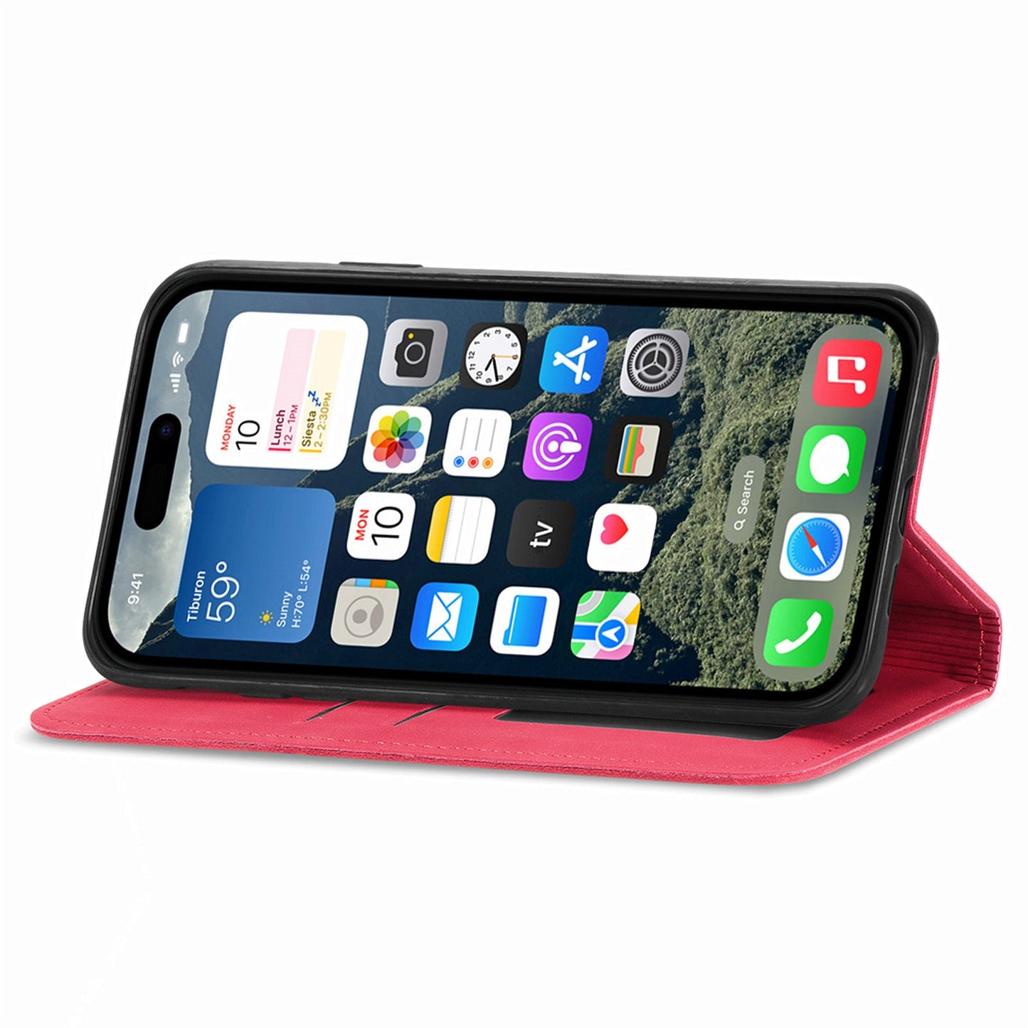 For iPhone 16e Leather Case with Card Holder Magnetic Absorption Phone Cover - Red