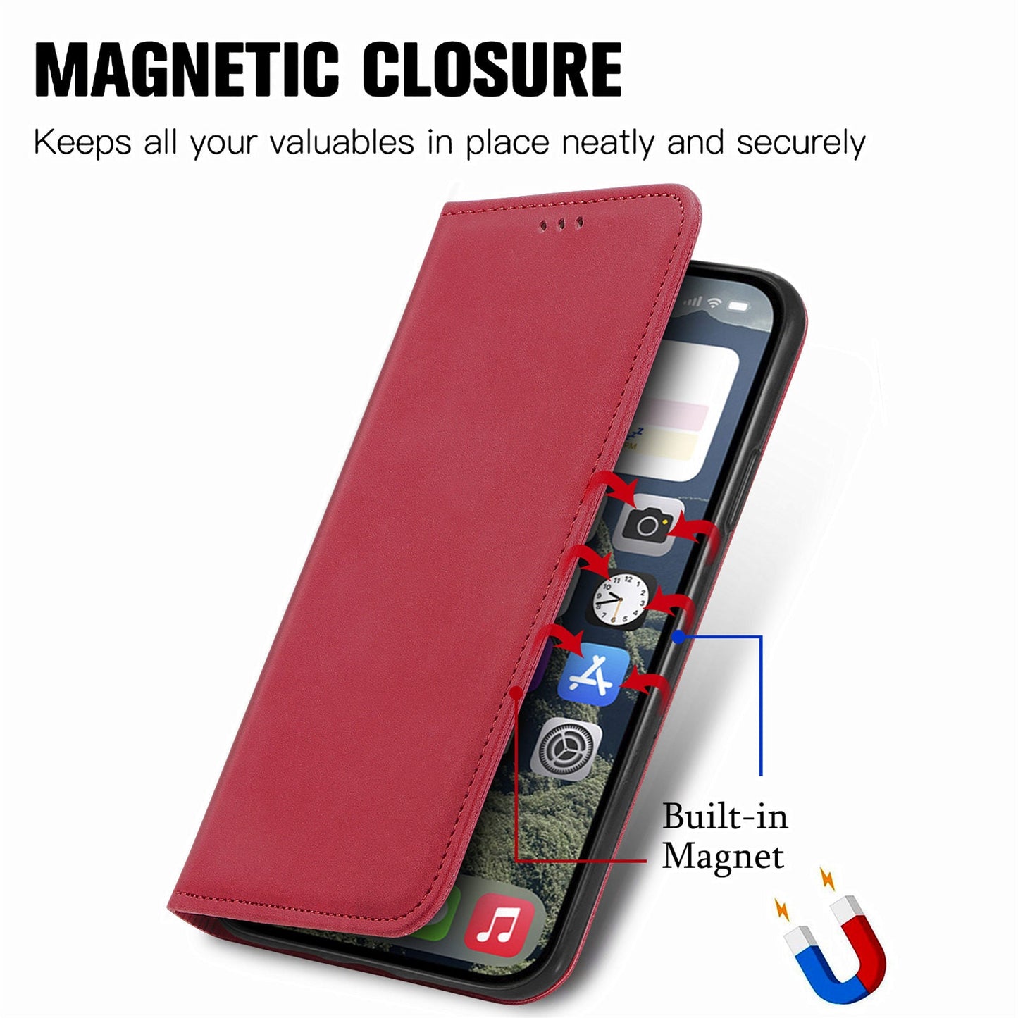 For iPhone 16e Leather Case with Card Holder Magnetic Absorption Phone Cover - Red
