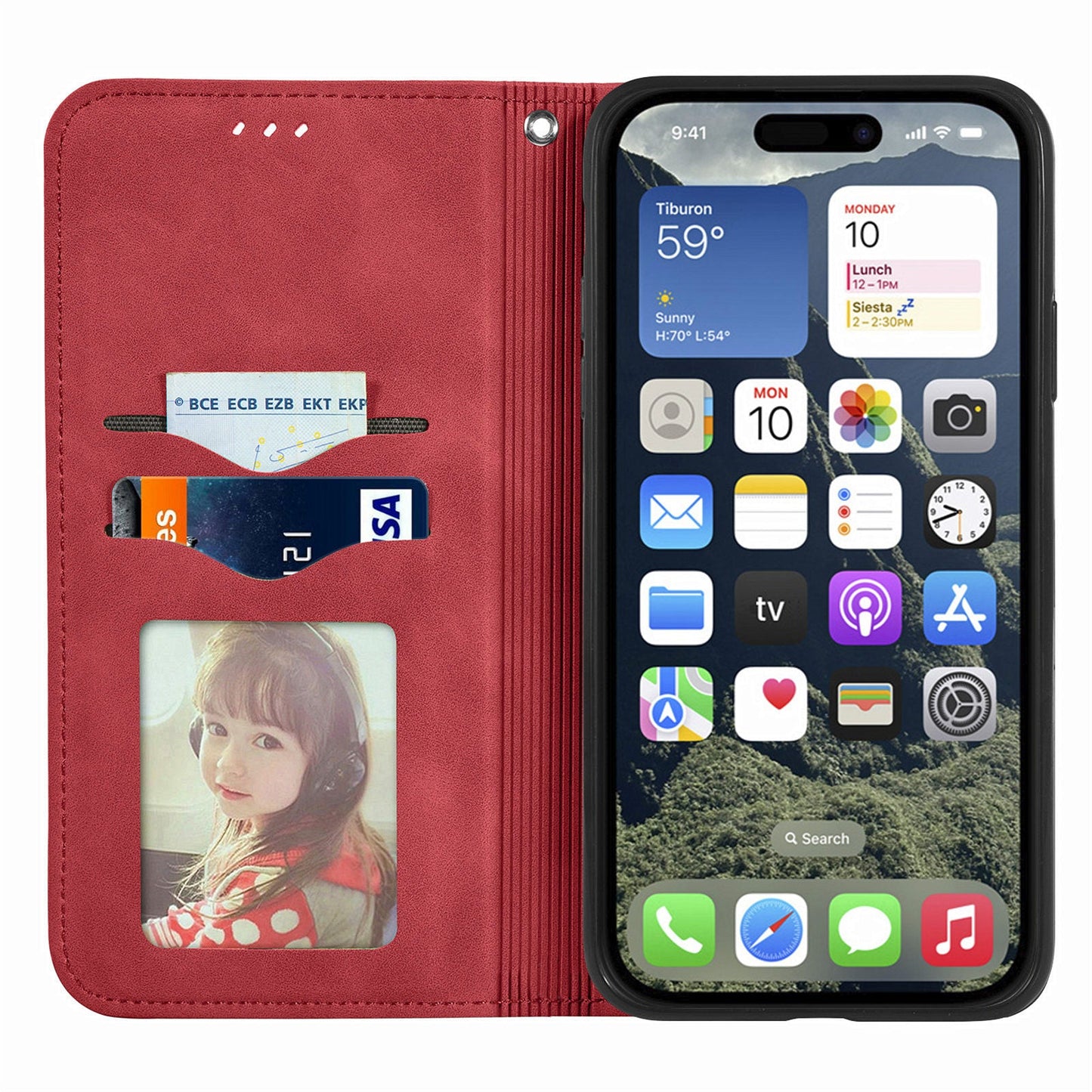 For iPhone 16e Leather Case with Card Holder Magnetic Absorption Phone Cover - Red