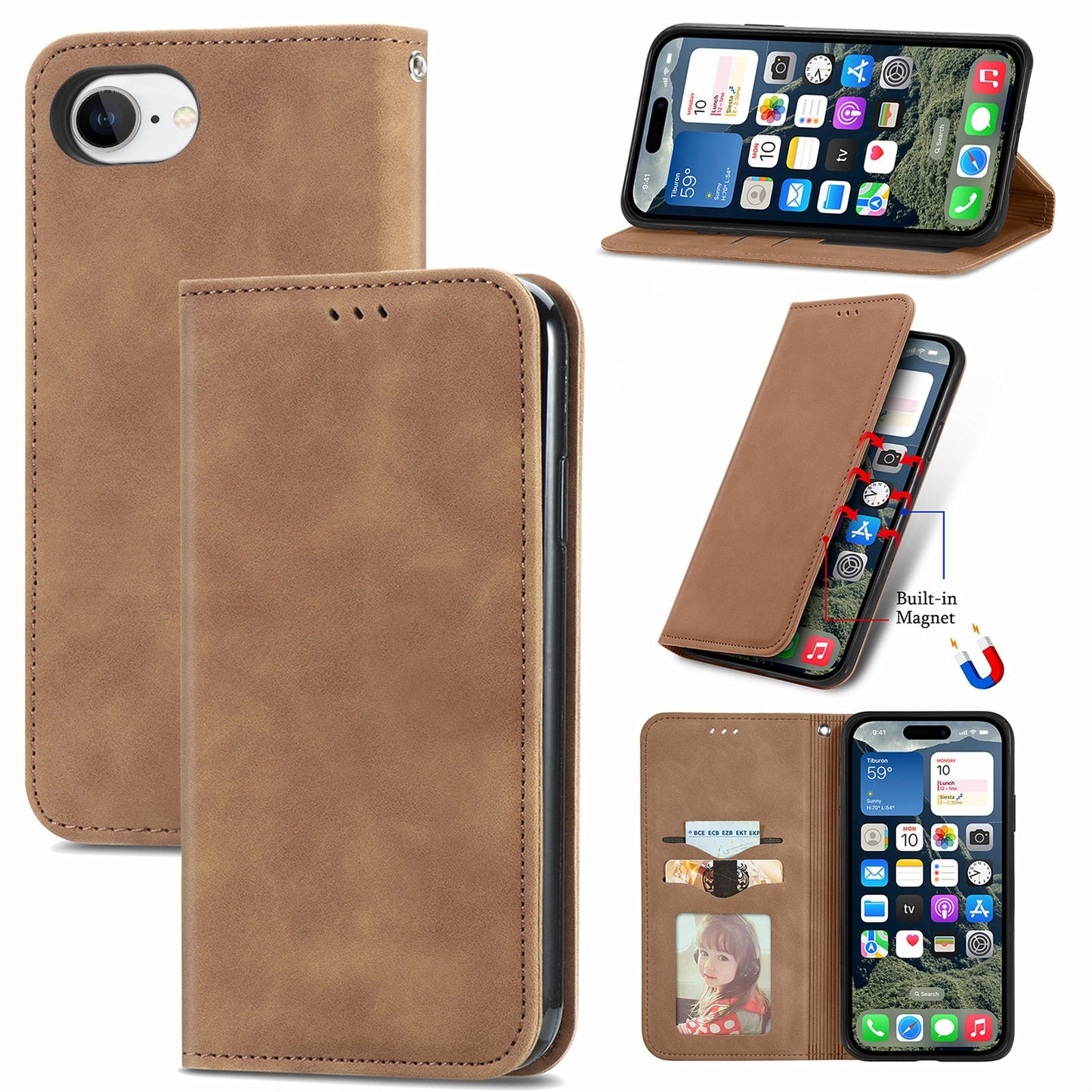 For iPhone 16e Leather Case with Card Holder Magnetic Absorption Phone Cover - Brown