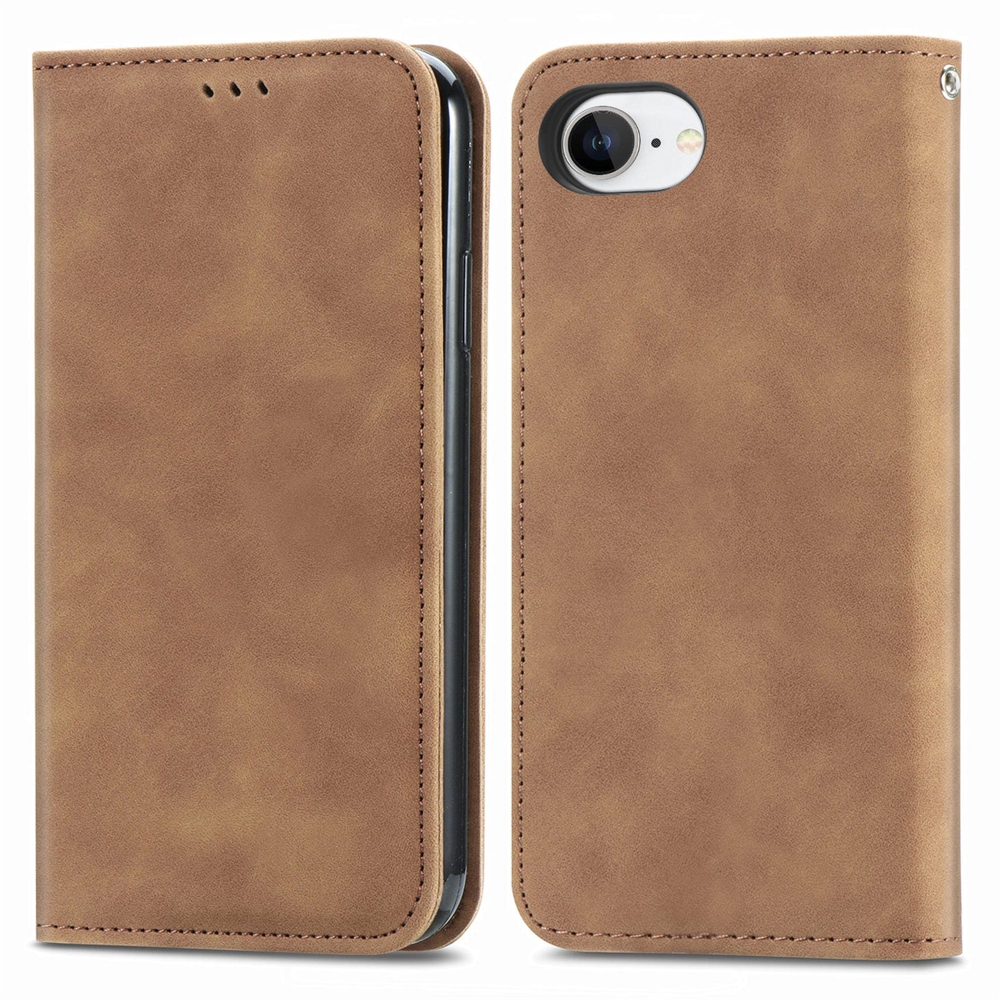 For iPhone 16e Leather Case with Card Holder Magnetic Absorption Phone Cover - Brown