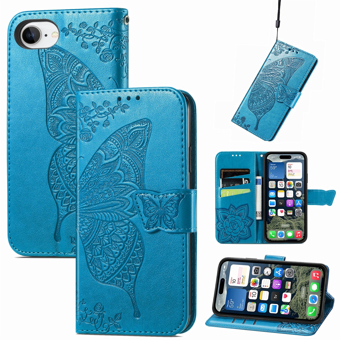 For iPhone 16e Case with Strap Butterfly Pattern PU Leather Wallet Phone Cover - Blue