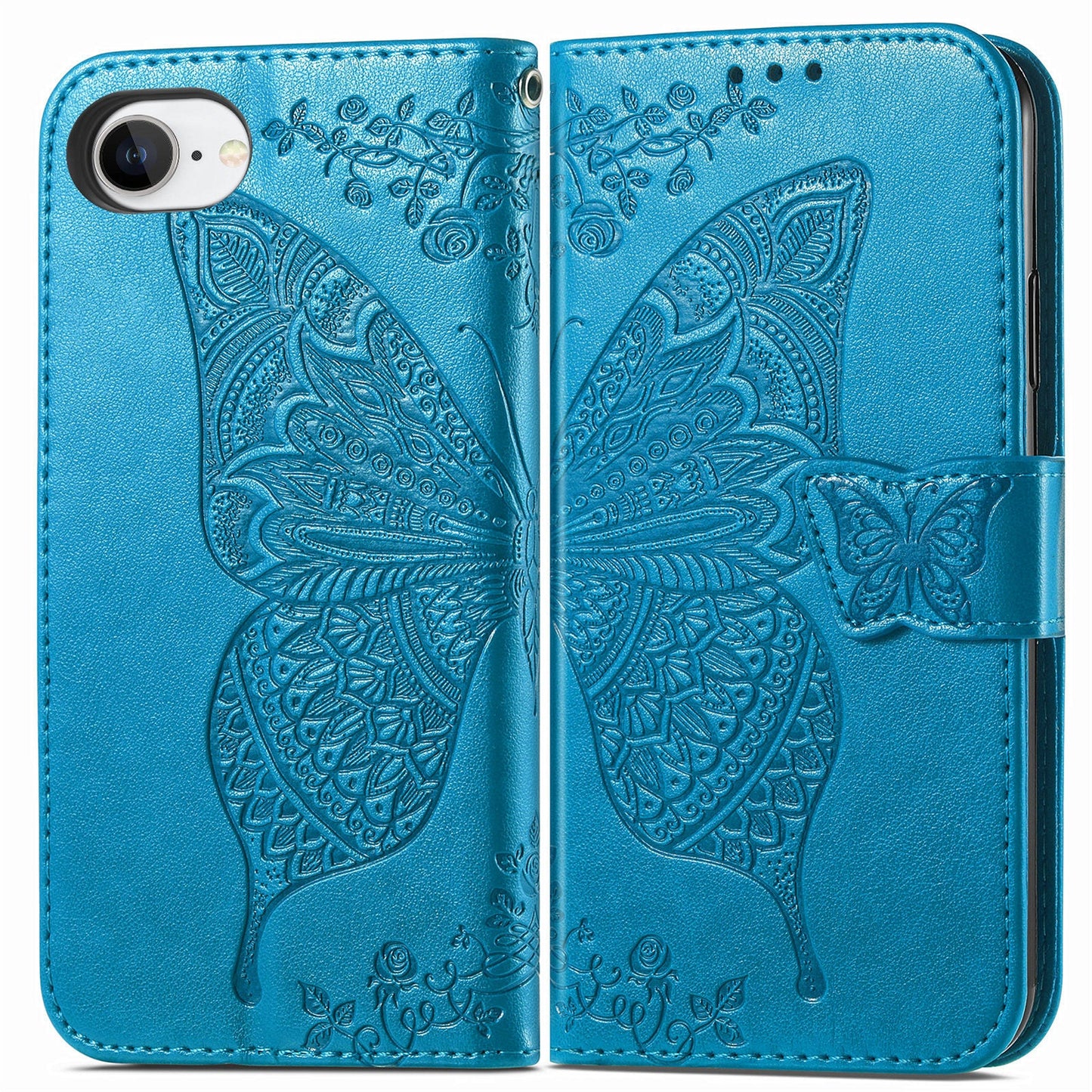 For iPhone 16e Case with Strap Butterfly Pattern PU Leather Wallet Phone Cover - Blue