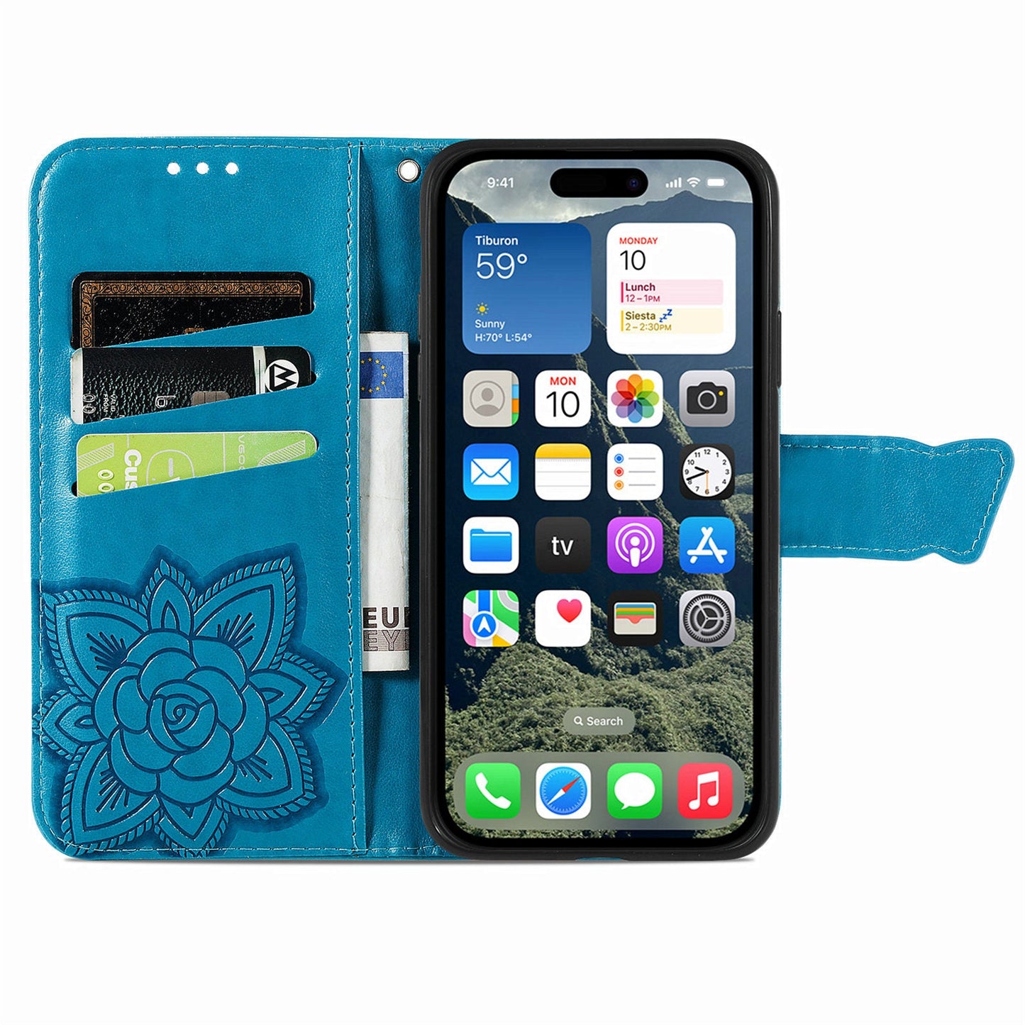 For iPhone 16e Case with Strap Butterfly Pattern PU Leather Wallet Phone Cover - Blue