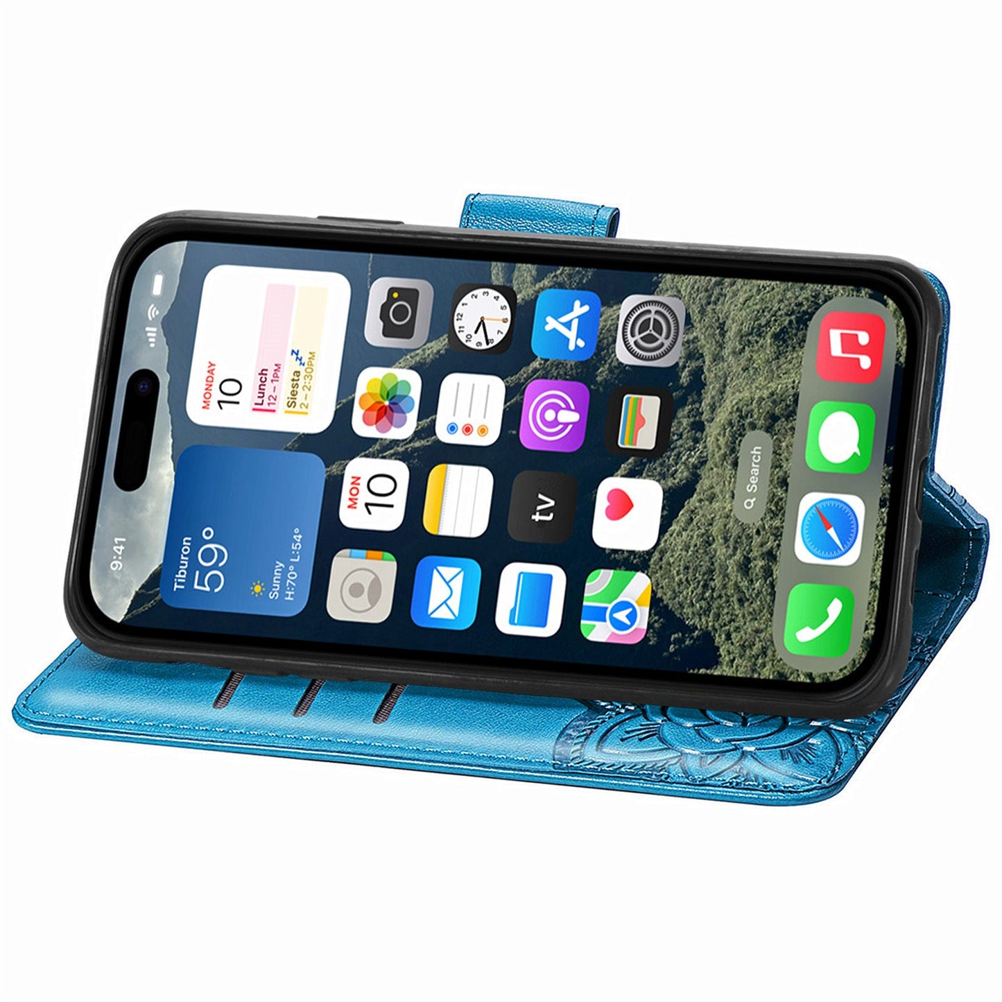 For iPhone 16e Case with Strap Butterfly Pattern PU Leather Wallet Phone Cover - Blue