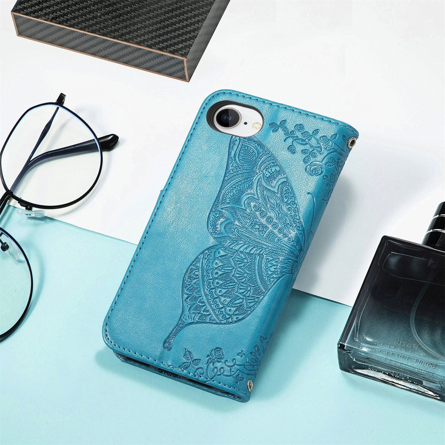 For iPhone 16e Case with Strap Butterfly Pattern PU Leather Wallet Phone Cover - Blue