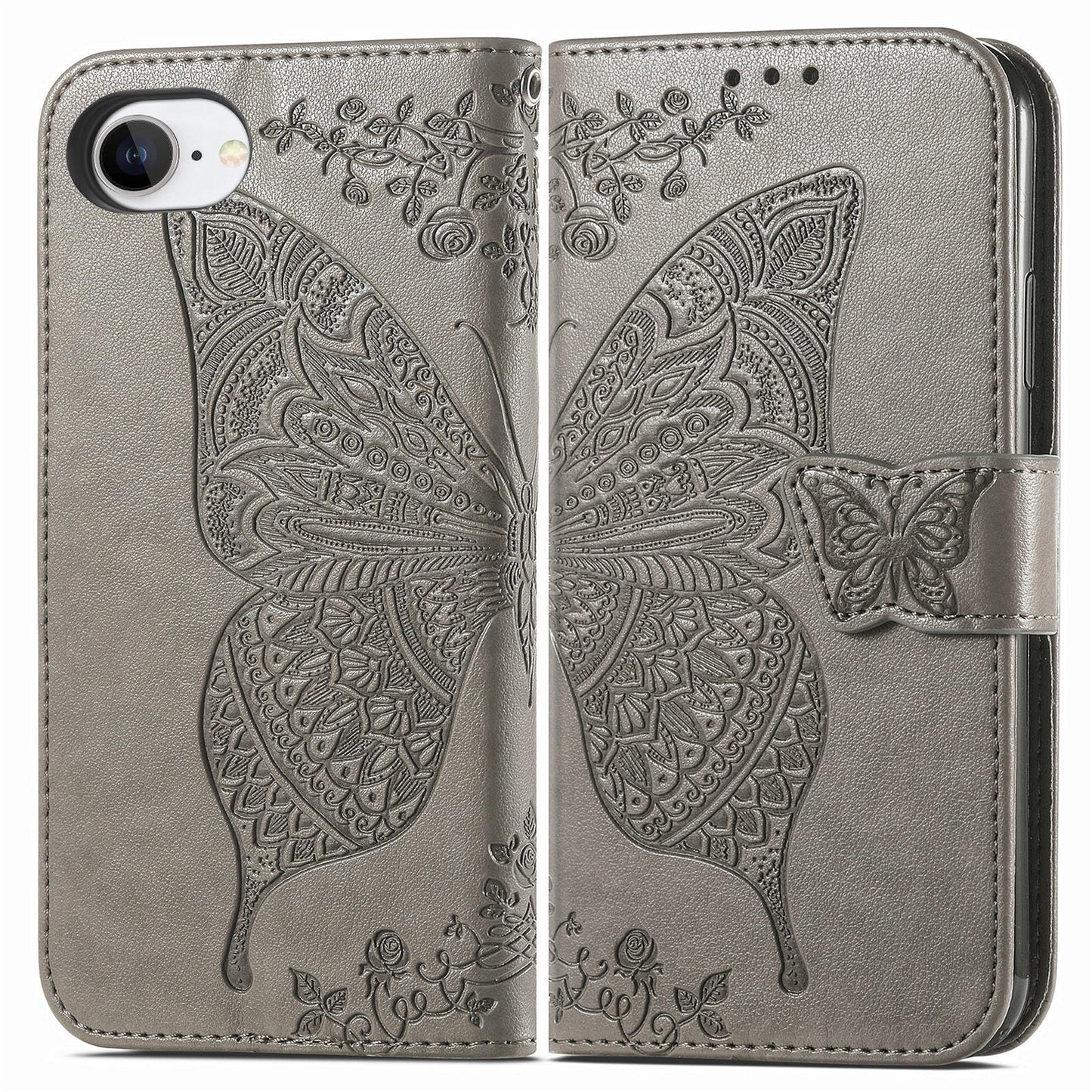 For iPhone 16e Case with Strap Butterfly Pattern PU Leather Wallet Phone Cover - Grey