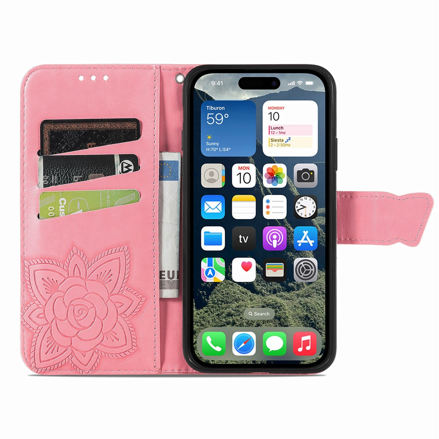 For iPhone 16e Case with Strap Butterfly Pattern PU Leather Wallet Phone Cover - Pink